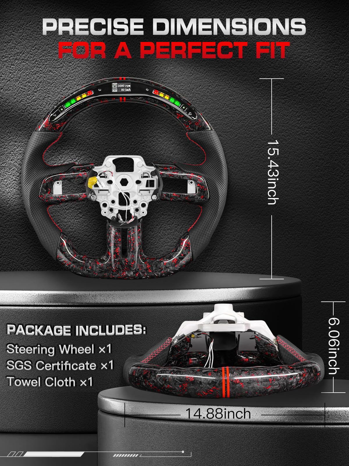 TESFEEL LED Forged Carbon Fiber Steering Wheel for Ford Mustang 2018-2023, Red Flakes, D-Shape Flat Bottom, Nappa Leather with Red Stripe & Stitching, Fits for EcoBoost, GT, GT350 & GT350R