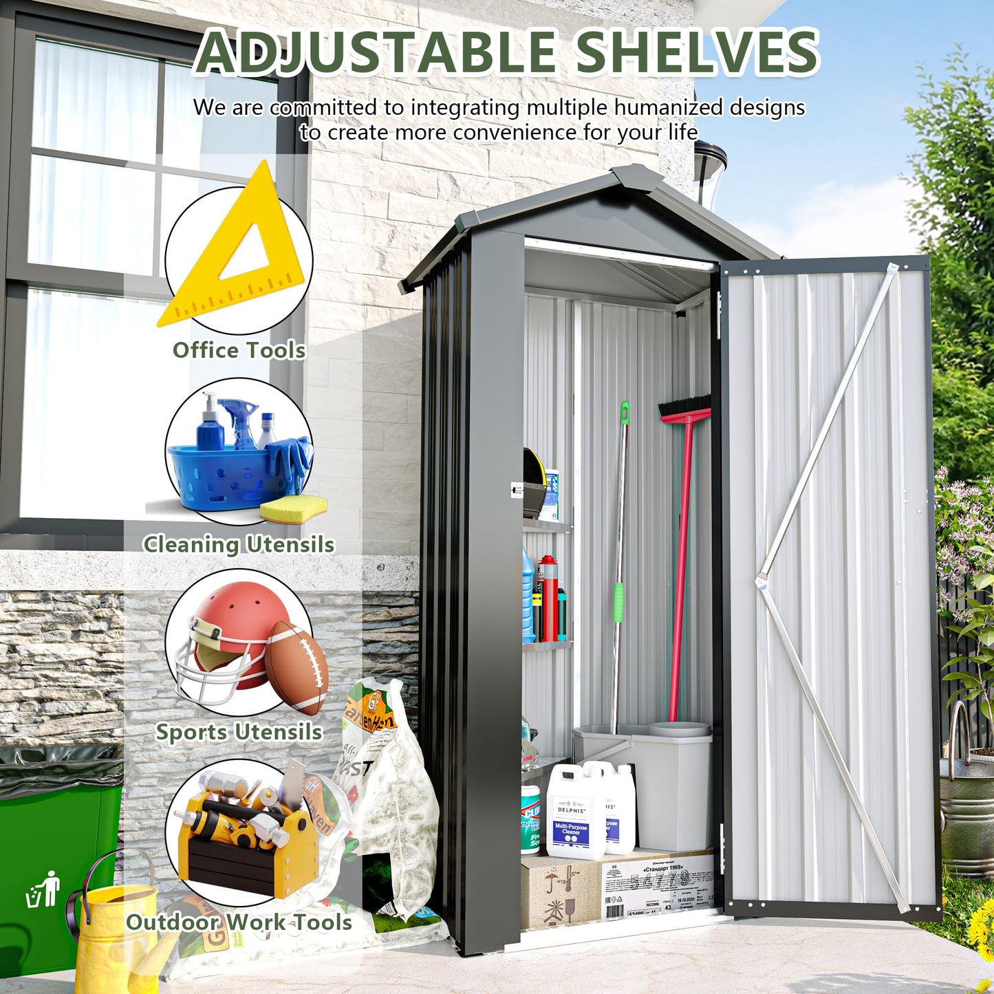 KEIKI Outdoor Storage Shed, 69.7''x16.9''x29.5'' Metal Tool Shed with Sloping Roof & Lockable Door, Small Shed, Top Tall Vertical Tool Cabinet for Backyard Garden Patio Lawn, Black