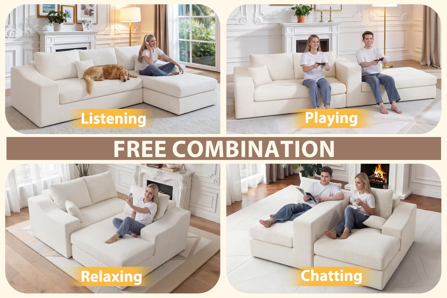 HABUTWAY 101'' Modular Sectional Sofa, Cloud Sectional Couches for Living Room, Comfy Boneless Couch with Deep Seat, Modern L-Shape Sofa with Chaise, No Assembly Required (Beige, Right Facing Chaise)
