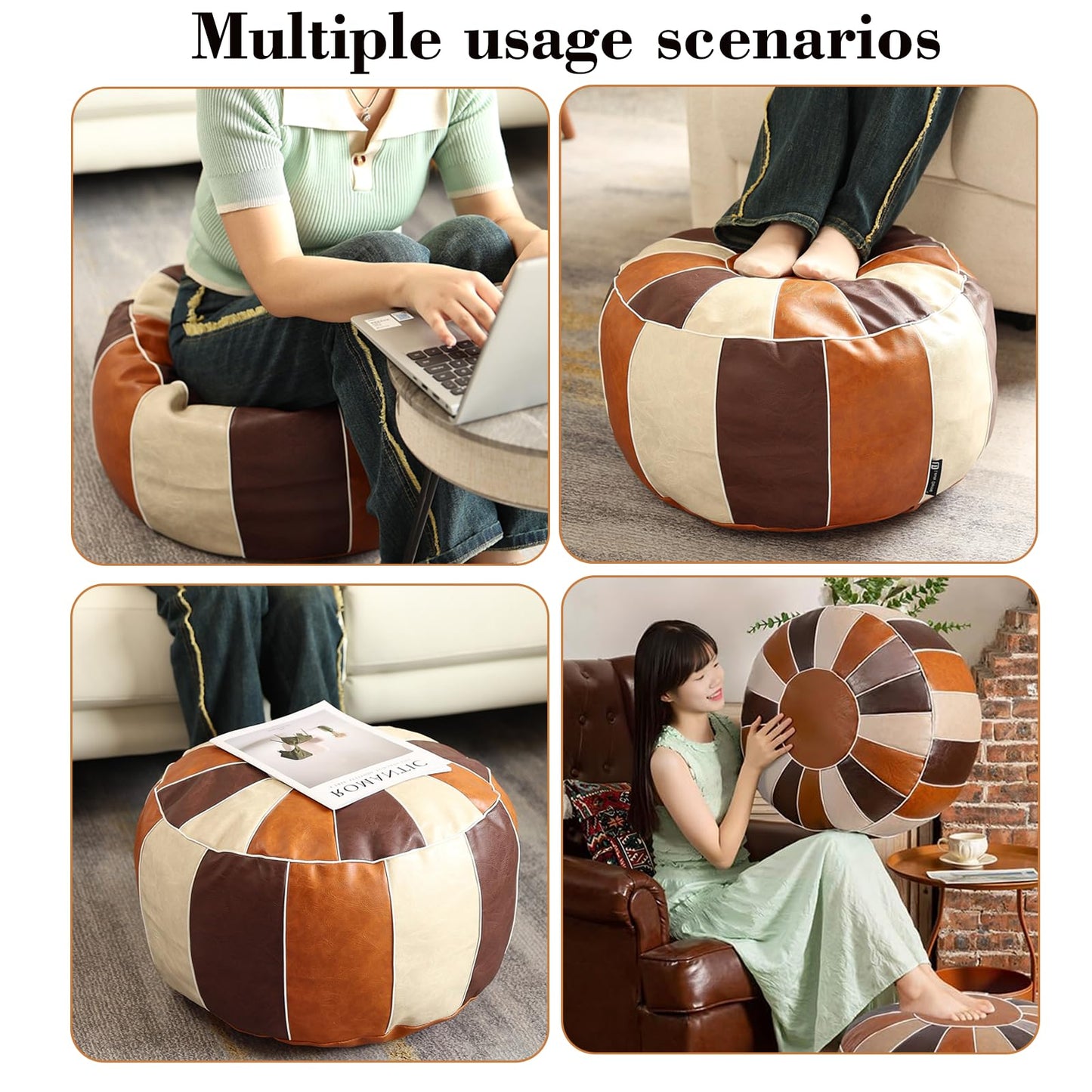 Louis Donné UNSTUFFED Pouf Ottoman Cover, Faux Leather Foot Stool for Foot Rest, Moroccan Style Pouffe Ottomans, 21" Round Handmade Small Bean Bag Covers for Storage, Footstools for Living Room