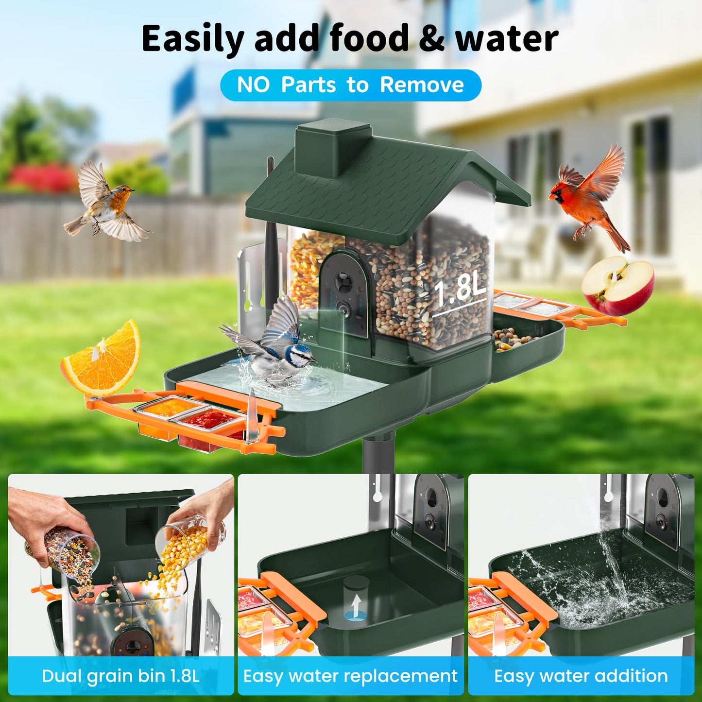 Bird Feeder with Camera and Bath, Dual-Lens 2K HD Video, AI Bird Identification, Solar Powered, Instant Alerts, IP66 Weatherproof