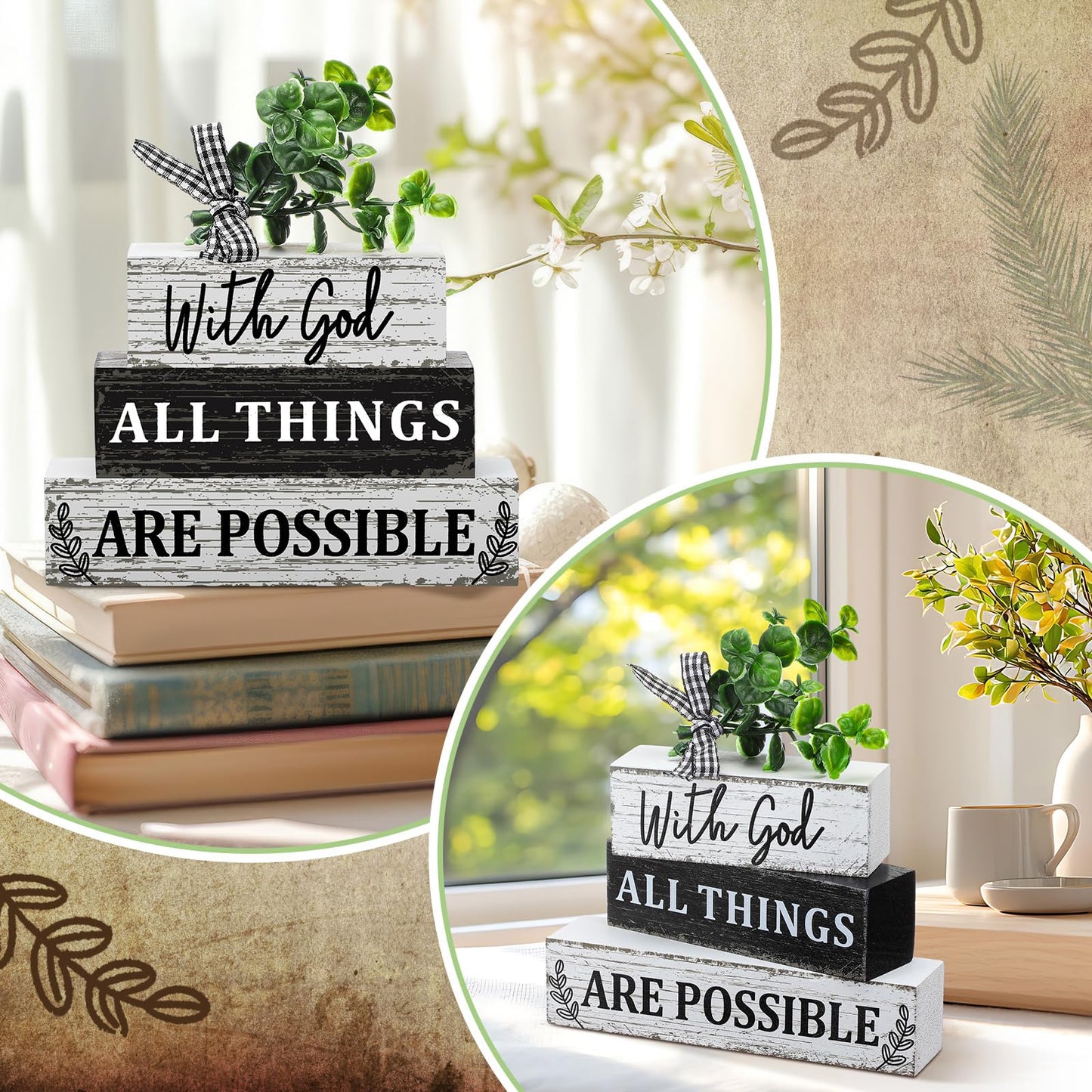 Geelin 4 Pcs Christian Wooden Sign Farmhouse Rustic Eucalyptus Leaves Wood Block Sign Table Centerpiece Religious Tiered Tray Decor Centerpiece Decor for Home Summer