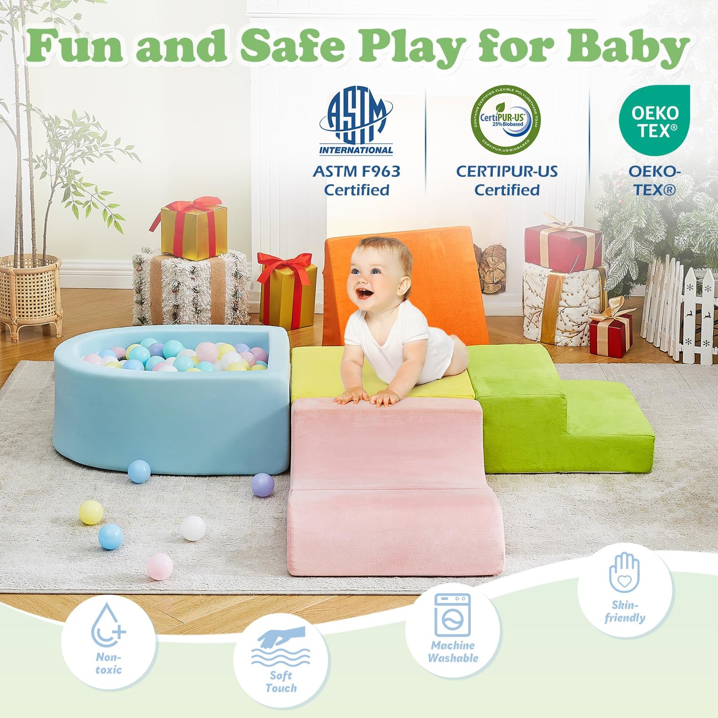 5-Piece Climbing Toys for Toddlers 1-3 , Baby Foam Blocks,Toddler Climbing Toys Indoor with Foam Ball Pit (Balls not Included), Soft Foam Climbing Blocks Set Indoor Play Gym for Crawling and Sliding