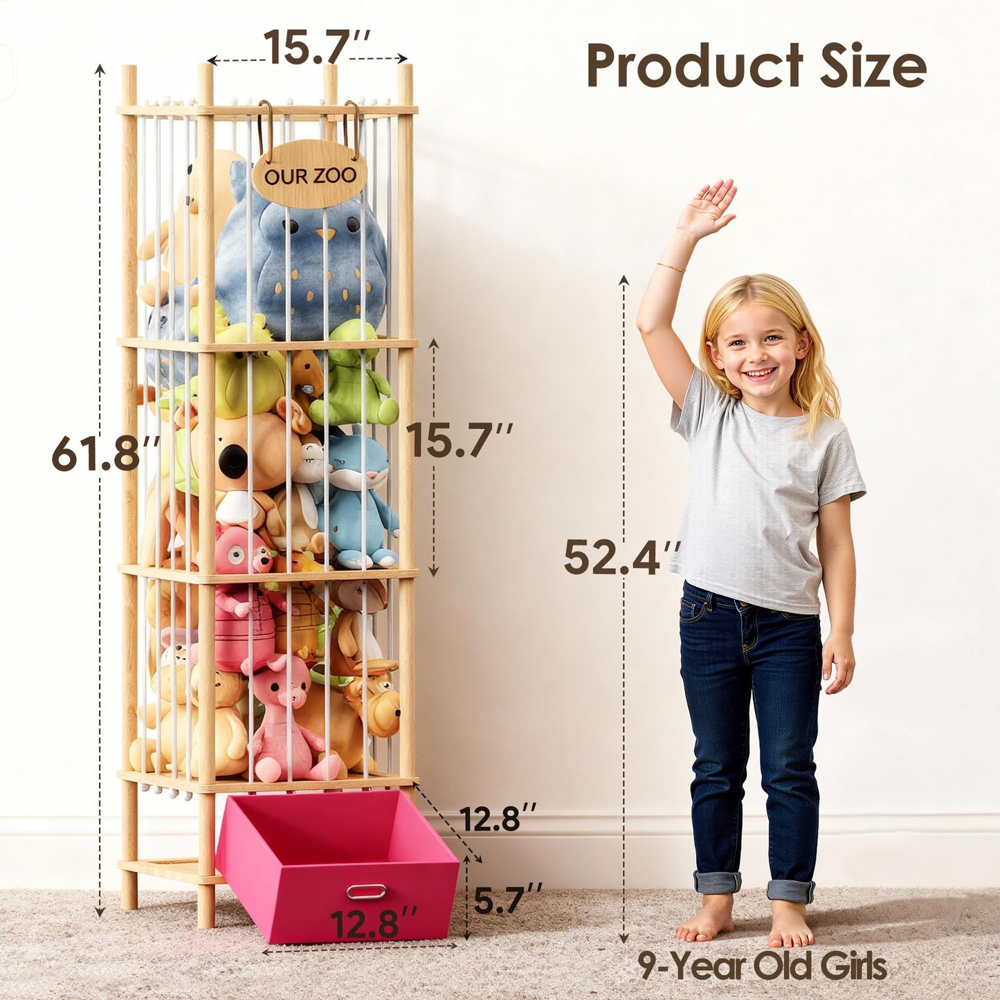 Brelley Stuffed Animal Storage Zoo Wood Toy Storage Organizer with Drawer, Large Toy Chest Stuffed animal holder for Kids Nursery Playroom Bedroom