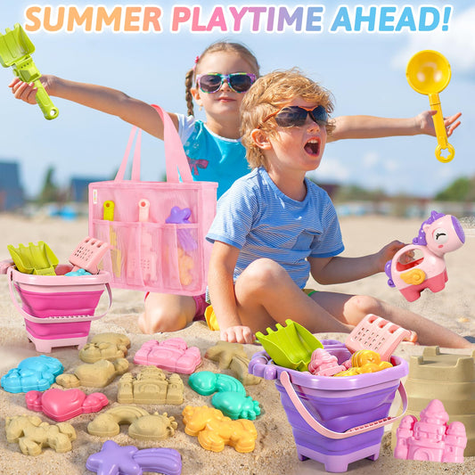 CatchCute Unicorn Collapsible Beach Toys,Sand Toys Set with Animal Foldable Buckets,Shovels,Sifter,Sand Molds,Castle Building Kit & Mesh Storage Bag,Beach Travel Essentials for Kids Toddlers
