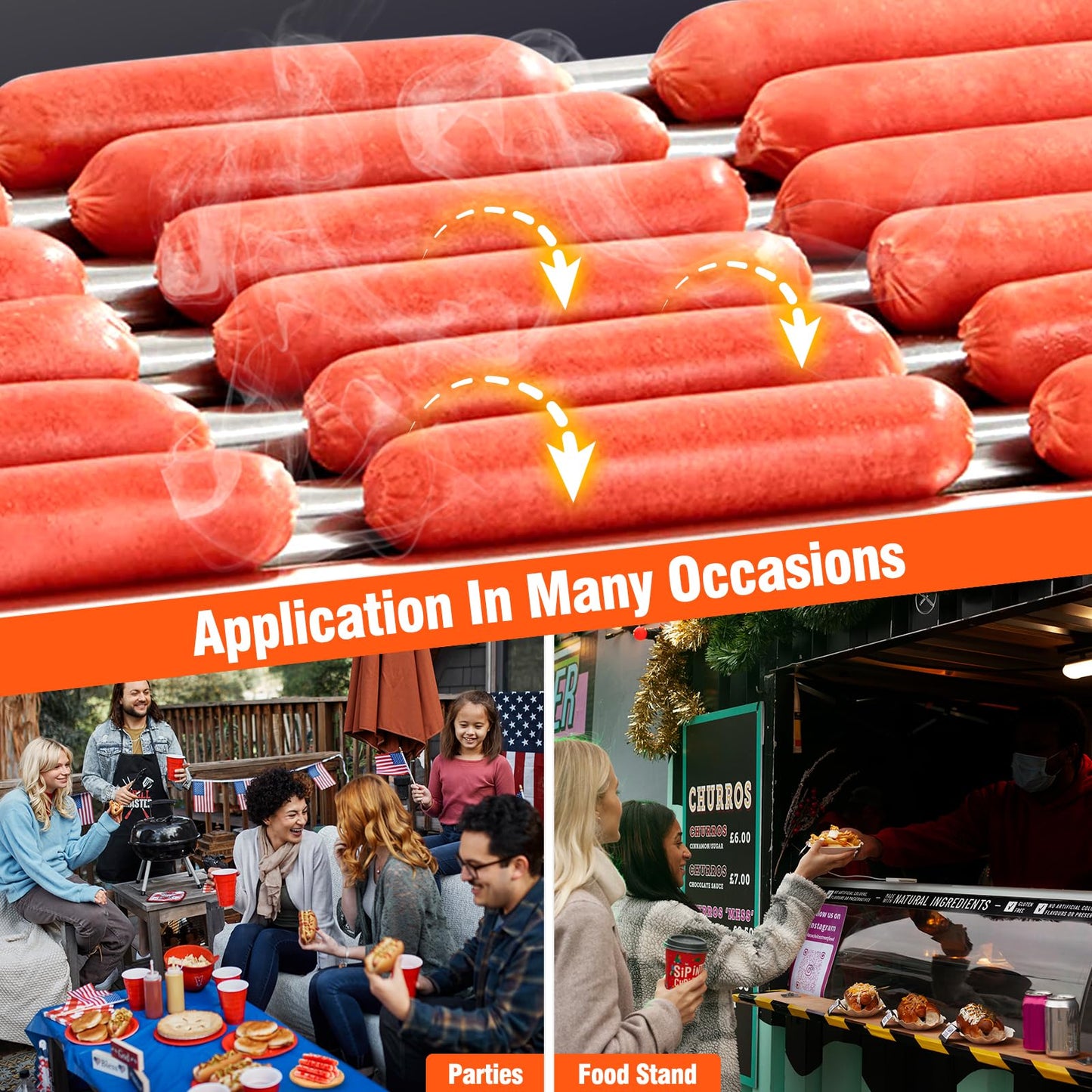 ACONEE Hot Dog Roller, 7 Rollers 18 Hot Dogs Capacity 1350W Stainless Sausage Grill Cooker Machine with Removable Oil Drip Tray Dual Temp Control and Glass Hood Cover, Perfect for Commercial and Party