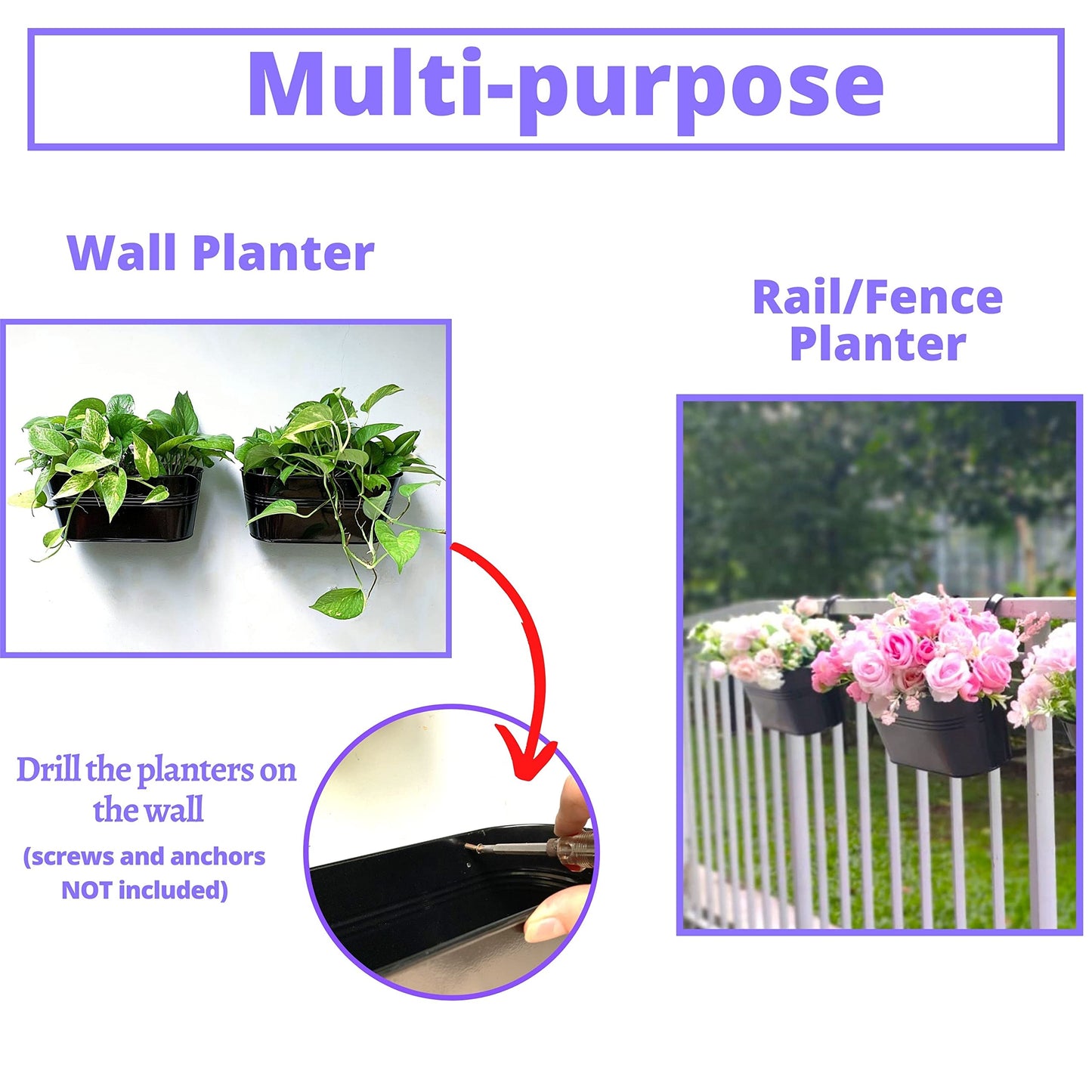 LaLaGreen Outdoor Rail Planter (11.8 Inch, 6 Pack) Black Metal Iron Hanging Flower Pots Deck Railings Fence Buckets Outside Countryside Boho Style Wall Mount Window Box Plant Holder Hook Porch Decor