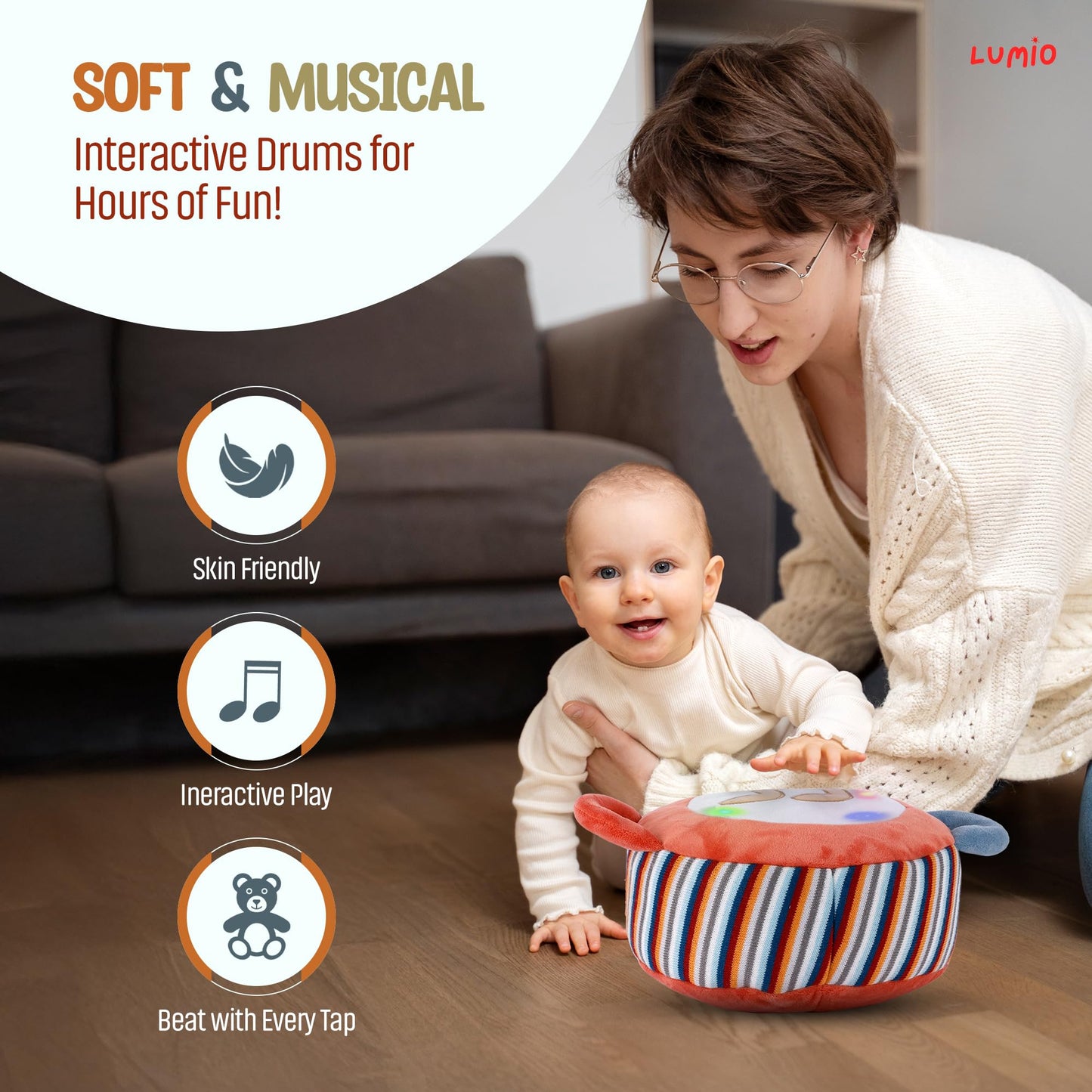 Lumio Interactive Musical Plush Toy with Lights and Drum Sounds - Sensory Toy for 3 6 9 12-18 Months and up, Perfect for Tummy Time Rhythm Learning (Piano)