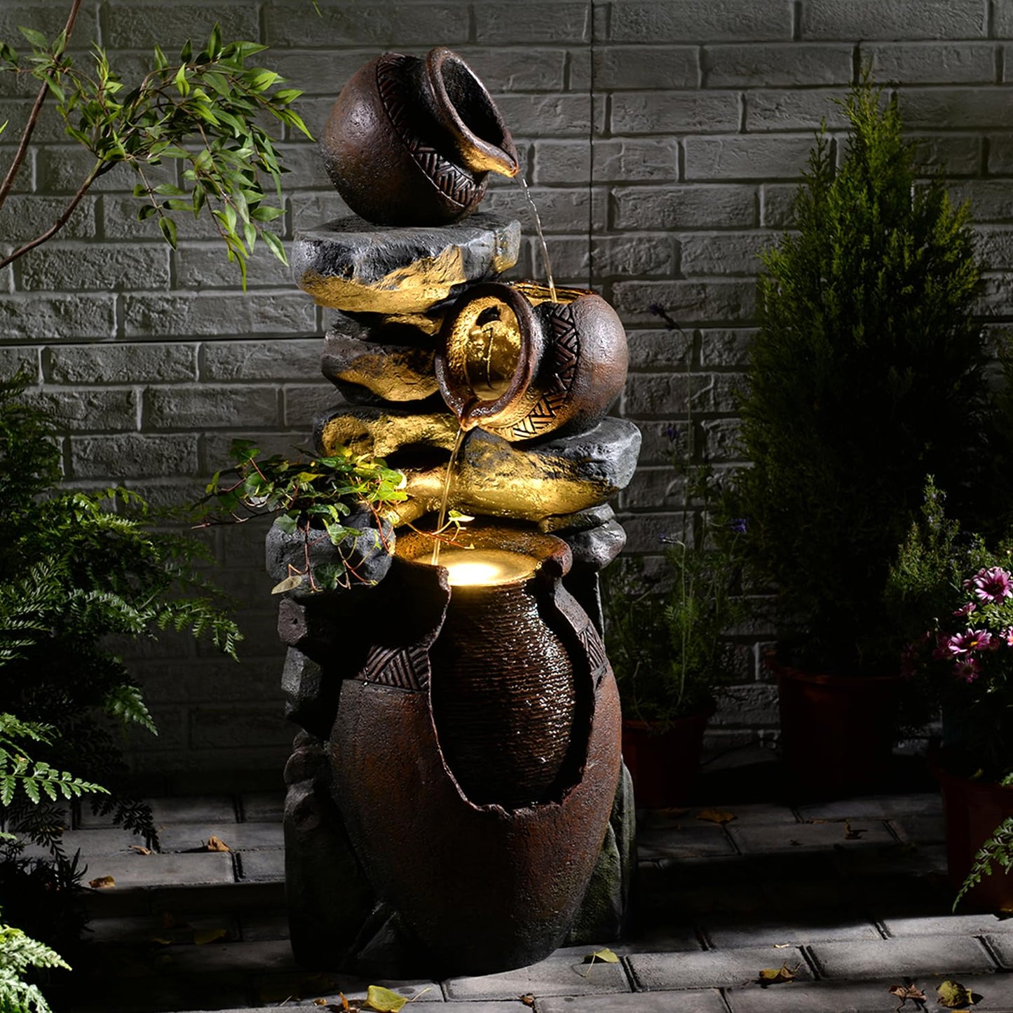 Bumilgar Outdoor Garden Water Fountain for Garden, Patio, Backyard, Deck, Porch and Home Art Decor, 3 Tiers Modern Cascading Outdoor Fountain with Lights 38.4" H