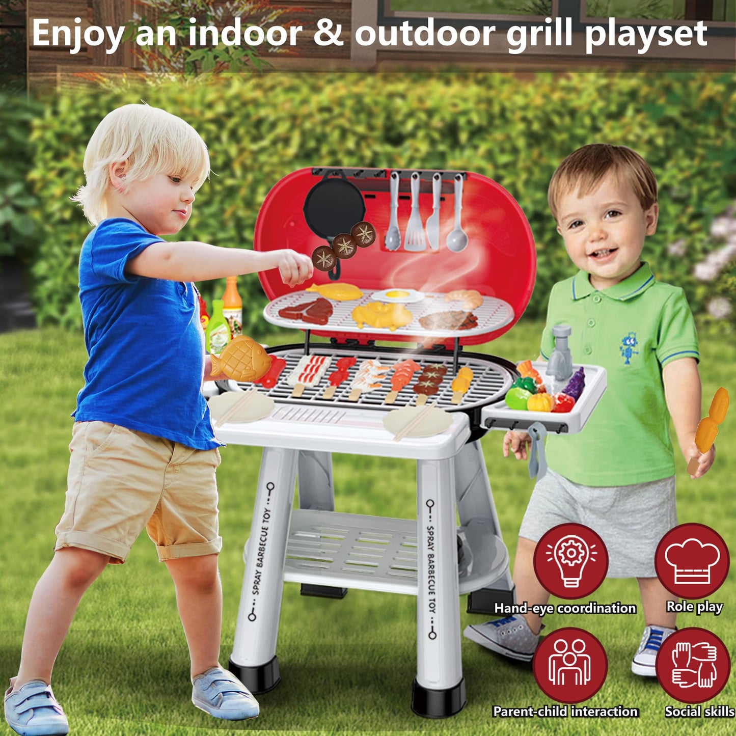 Play Kitchen Sets Toy for Toddlers 3-5, Indoor Outdoor Interactive Kids BBQ Grill Playset with Smoke, Sound & Light, Pretend Cutting Food, Christmas Birthday Gift for Boys and Girls 4-8.
