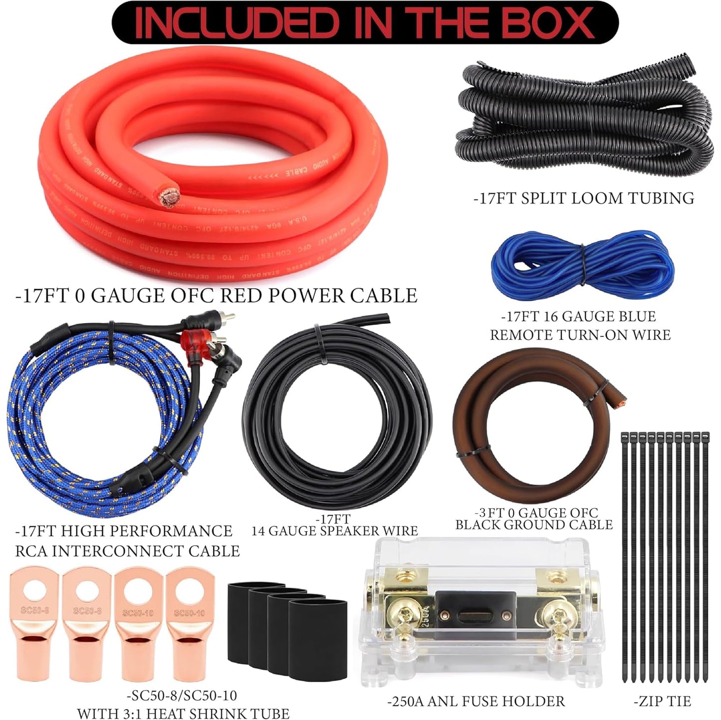 0 Gauge OFC AMP Wiring Kit 3000 Watt Car Subwoofer Wire Install kit for Amplifier Power,Radio and Speakers