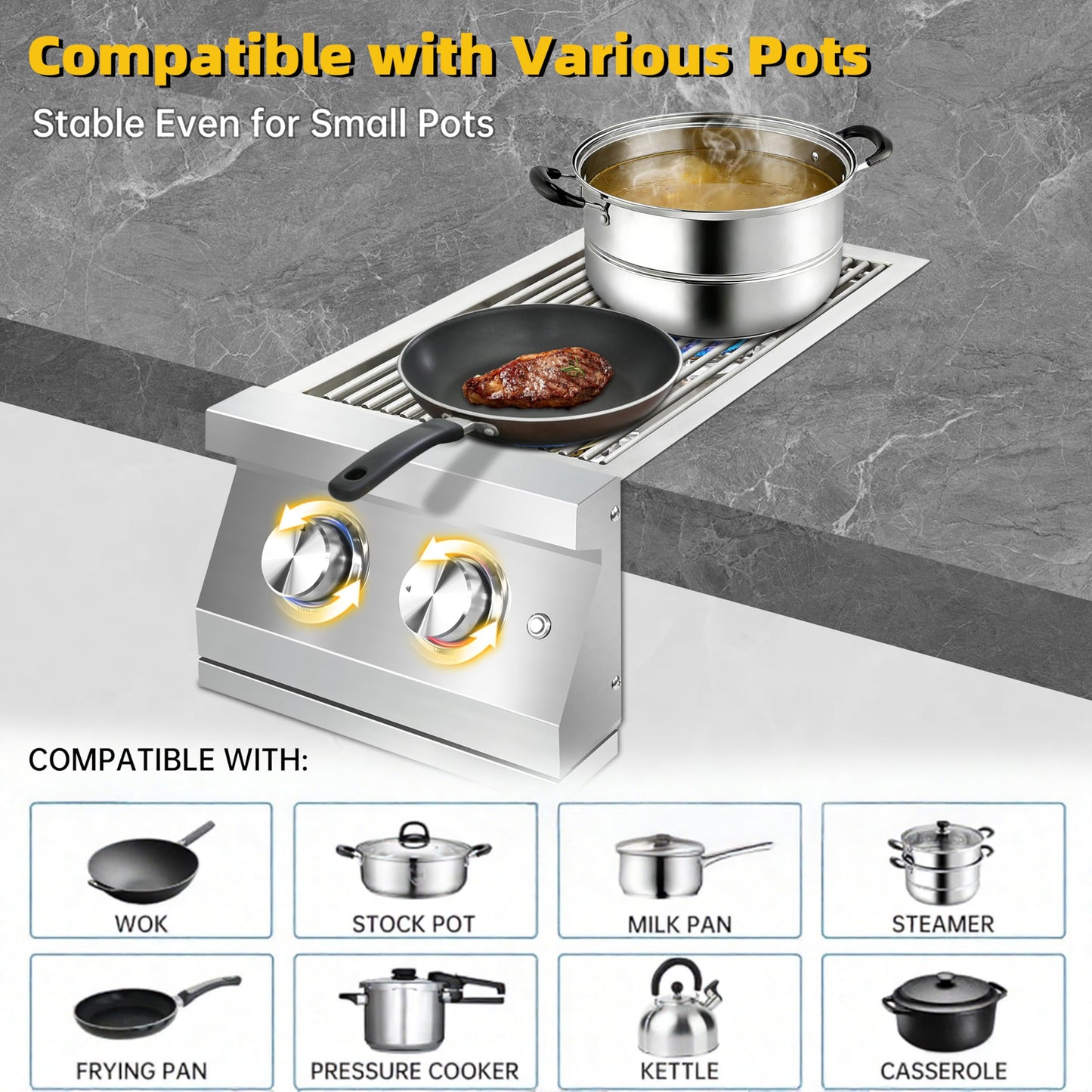 Qualipo Double Grilling Side Burners for Outdoor Kitchen, 2 * 17,000BTU Nature Gas Burners, Convertible to Liquid Propane, Heavy-Duty 304 Stainless Steel, Built-in Side Burner for BBQ Grill Island