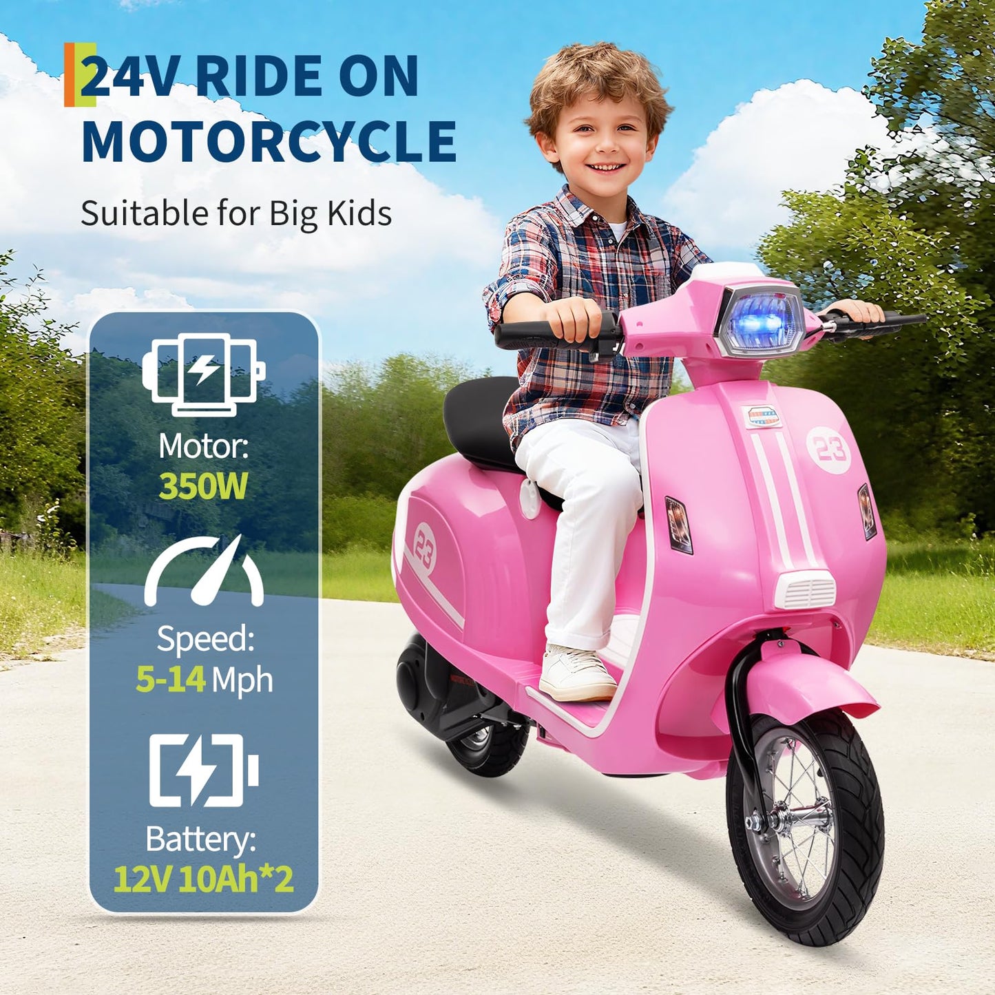 24V Moped Scooter for Kids - Electric Motorcycle for Kids - Electric Scooter with Seat for Children - Ride on Toy with LED Light for Girls