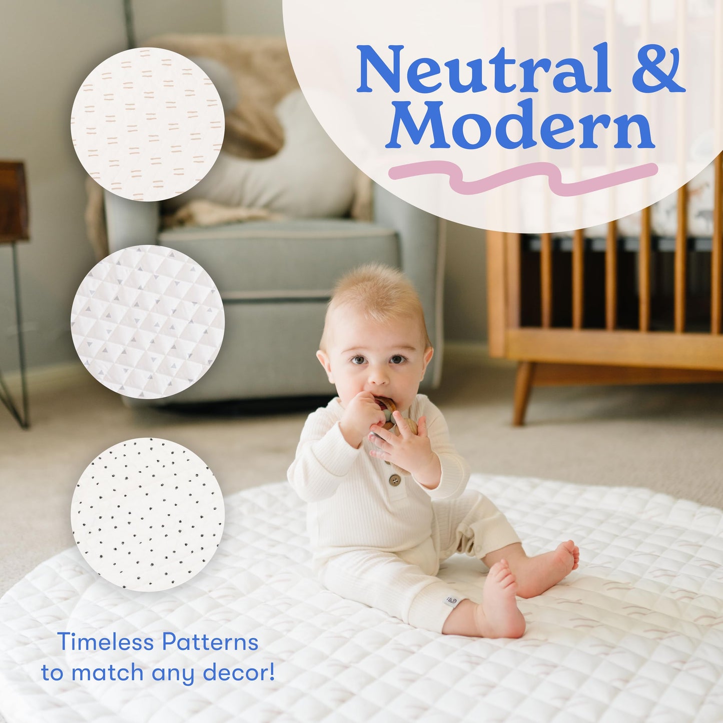 Round Baby Play Mat for Floor, 43" Reversible Tummy Time & Crawling Mat, Soft Cushioned Cotton Baby Playmat, Foldable & Machine Washable Activity Mat for Newborn to Toddler, Neutral Nursery & Playroom