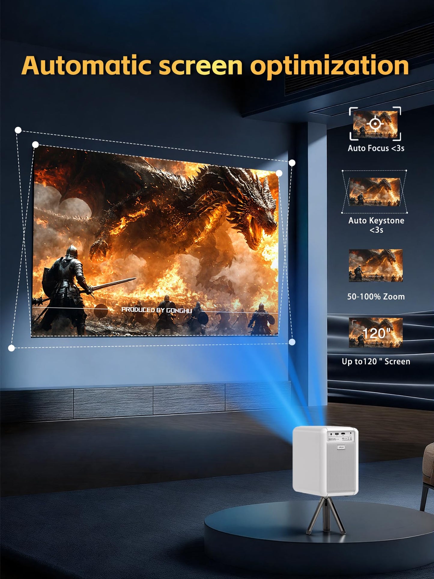 1800 ANSI Native 1080P Bluetooth Projector, Auto Focus Auto Keystone 4K Support Projector, Smart Video Indoor Projector with Wifi 6 And Bluetooth,Smart Streaming for Home Theater Office Game Projector