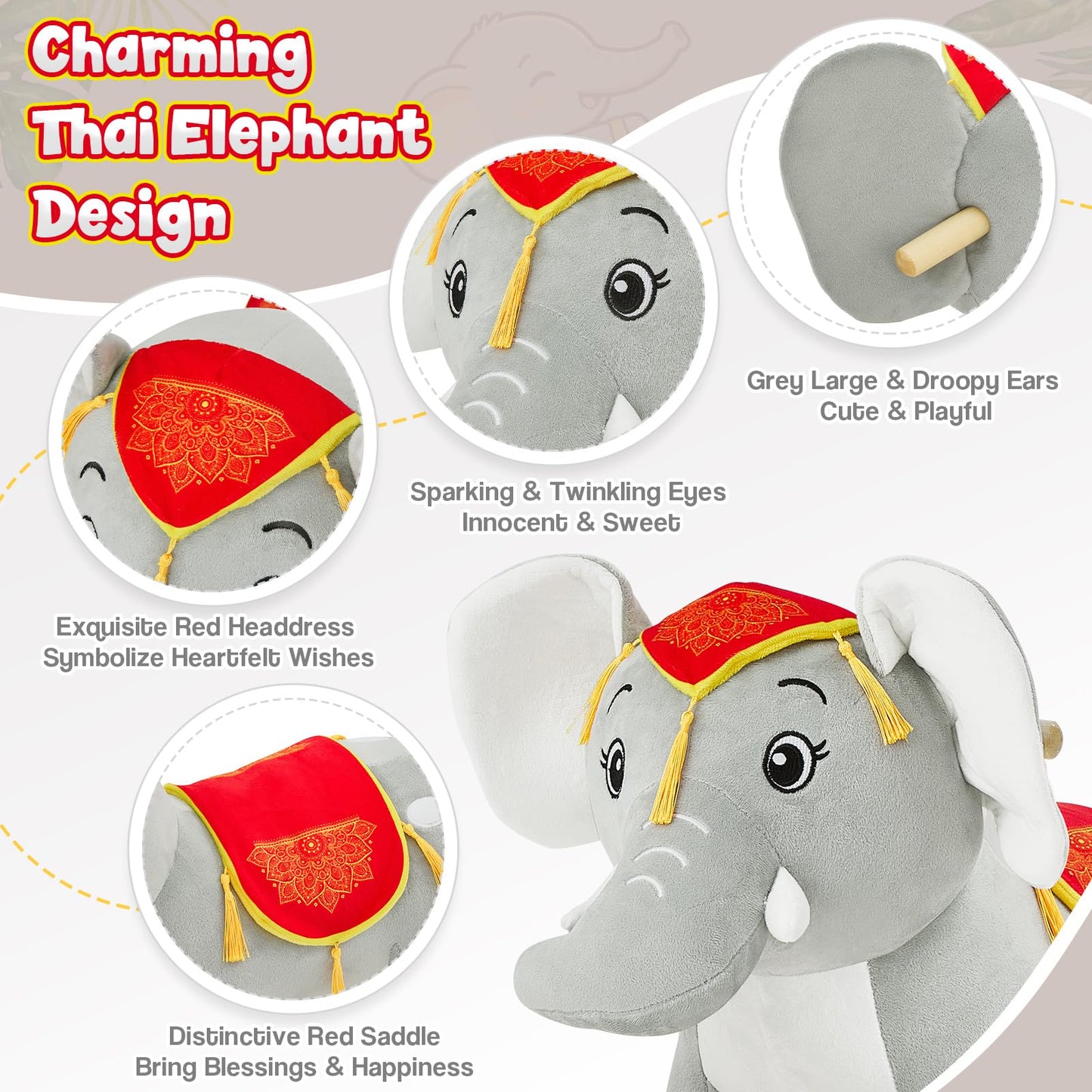 FUNLIO Elephant Baby Rocking Horse for Toddlers 1-3 Years, Cute & Graceful Gray Thai Elephant Rocker for Baby, Stuffed Plush Ride-on Rocking Animal, Easy to Assemble, CPC & CE Certified