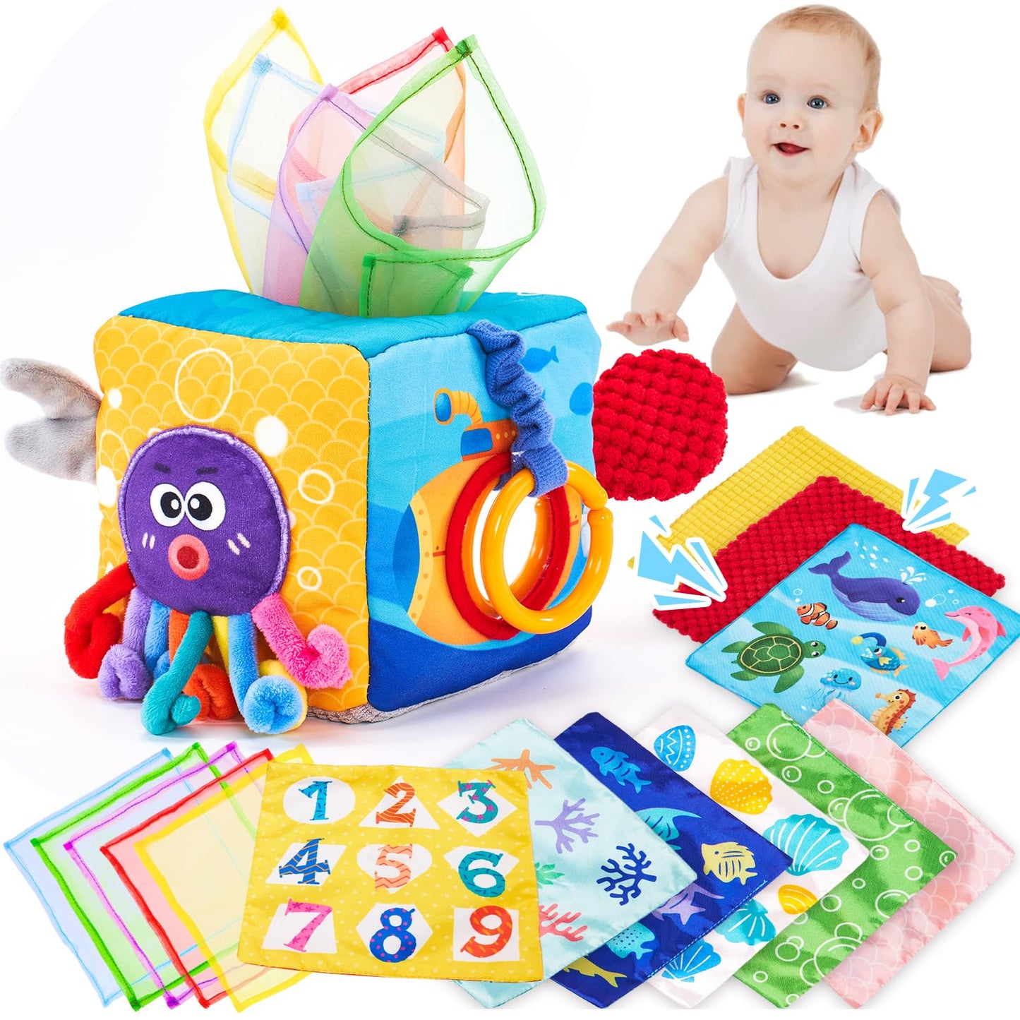 hahaland Baby Toys 6-12 Months Montessori Toys for 6 Month Old with Crinkle Tissue, Squeaker, Mirror - Soft Activity Sensory Montessori Toy for Babies Easter Basket Stuffers