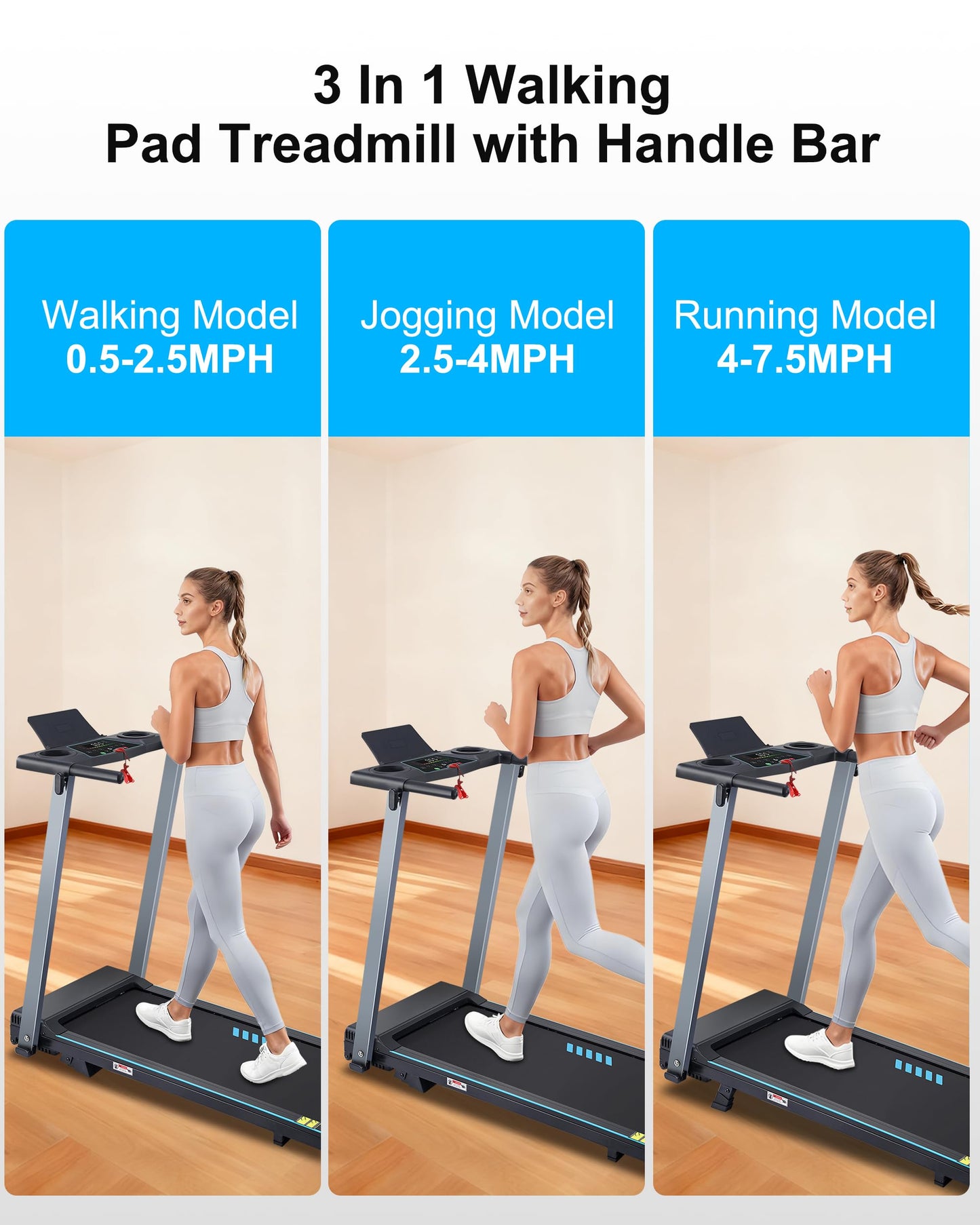 BORGUSI Incline Treadmill with Handles, Portable Small Folding Treadmill for Home Office, Walking Pad with 300 LBS Capacity, 24 Preset Programs, LED Display, Extendable Cup Holder