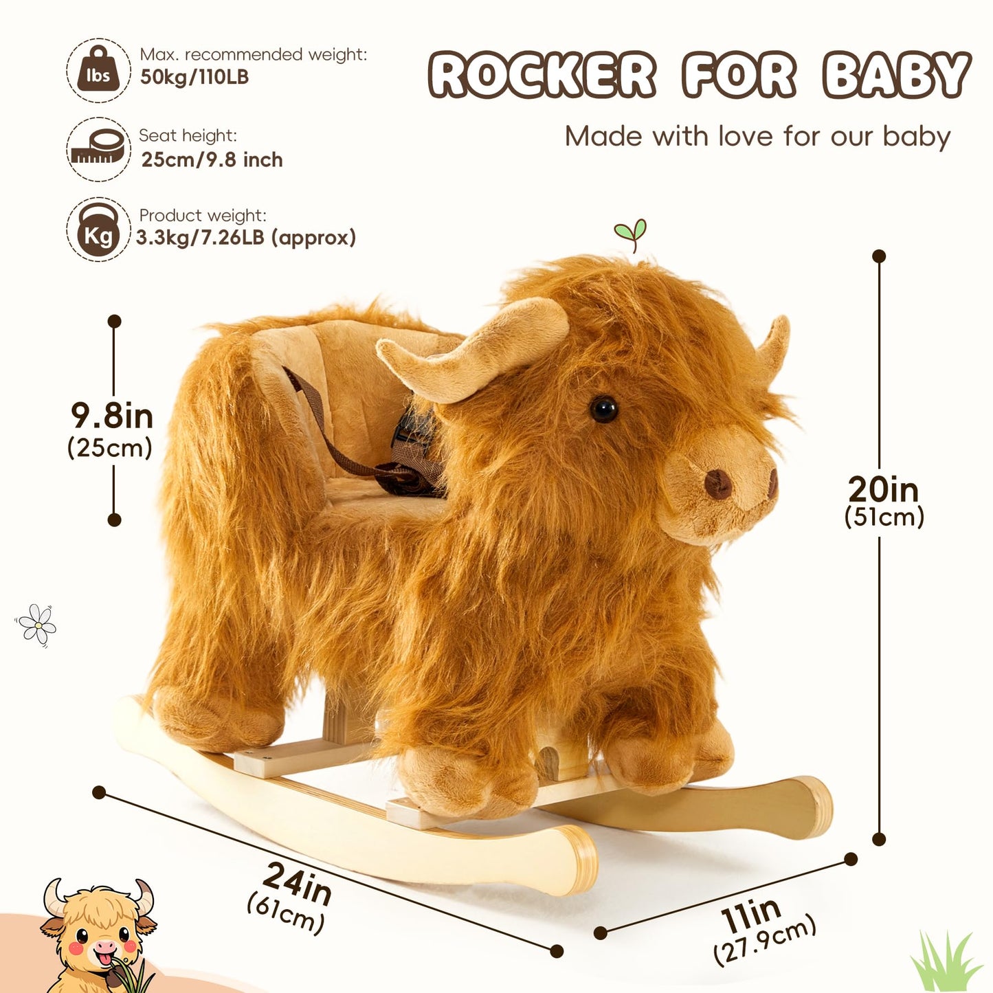 Baby Rocking Horse,Highlander Cattle Wooden Rocking Horse for Toddlers 1 Year Old Cute Cow Stuffed Plush Ride-on Toy Rocking Animal for Baby Boys and Girls Nursery/Child Christmas or Birthday Gift