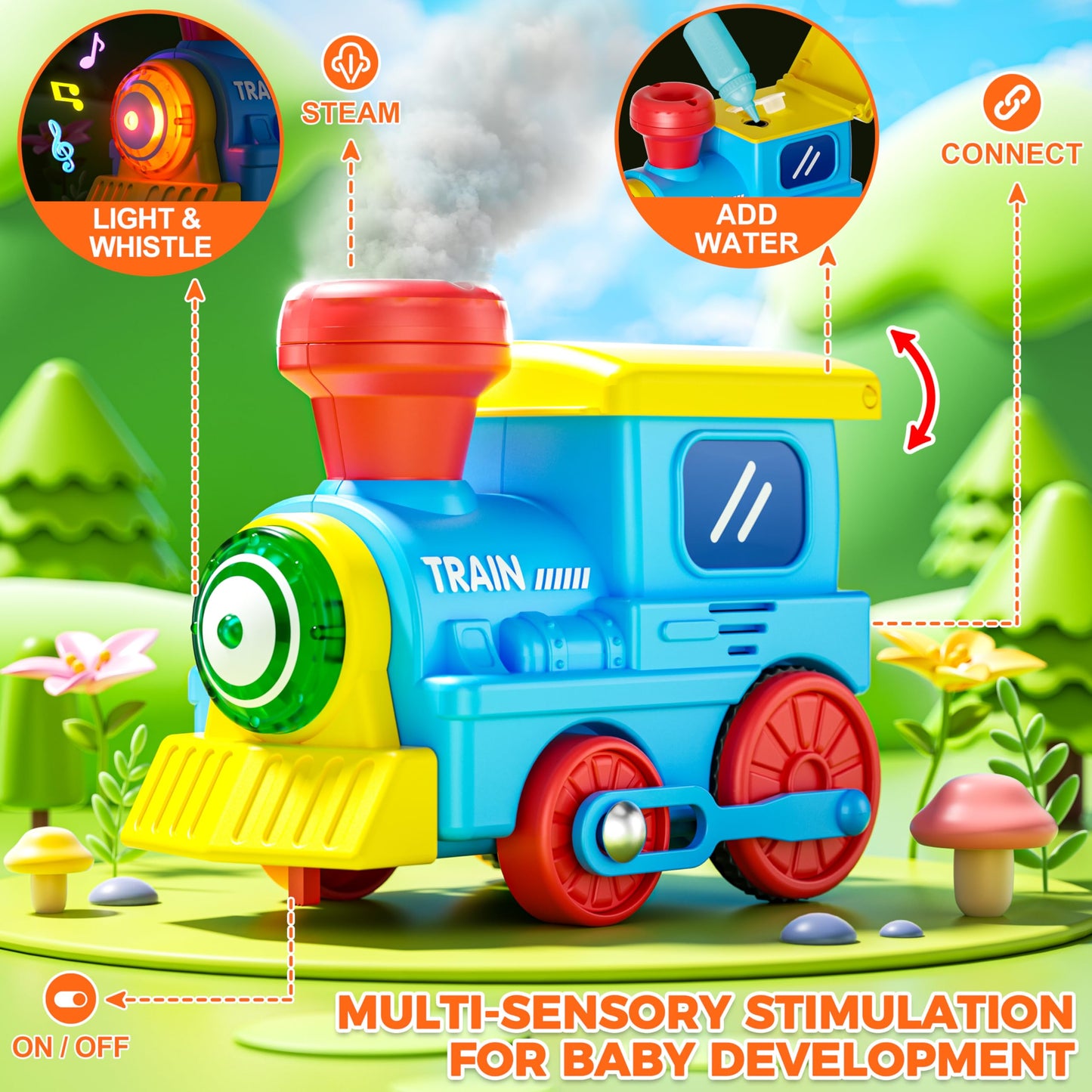 Train Set for Toddlers w/Steam, Music & Lights - Electric Train Toy for Kids with Tracks Accessories, Includes 3 Animals Car: Lion Gorilla and Elephant, Gifts for 1-3 4 5 6+ Years Old Boys Girls