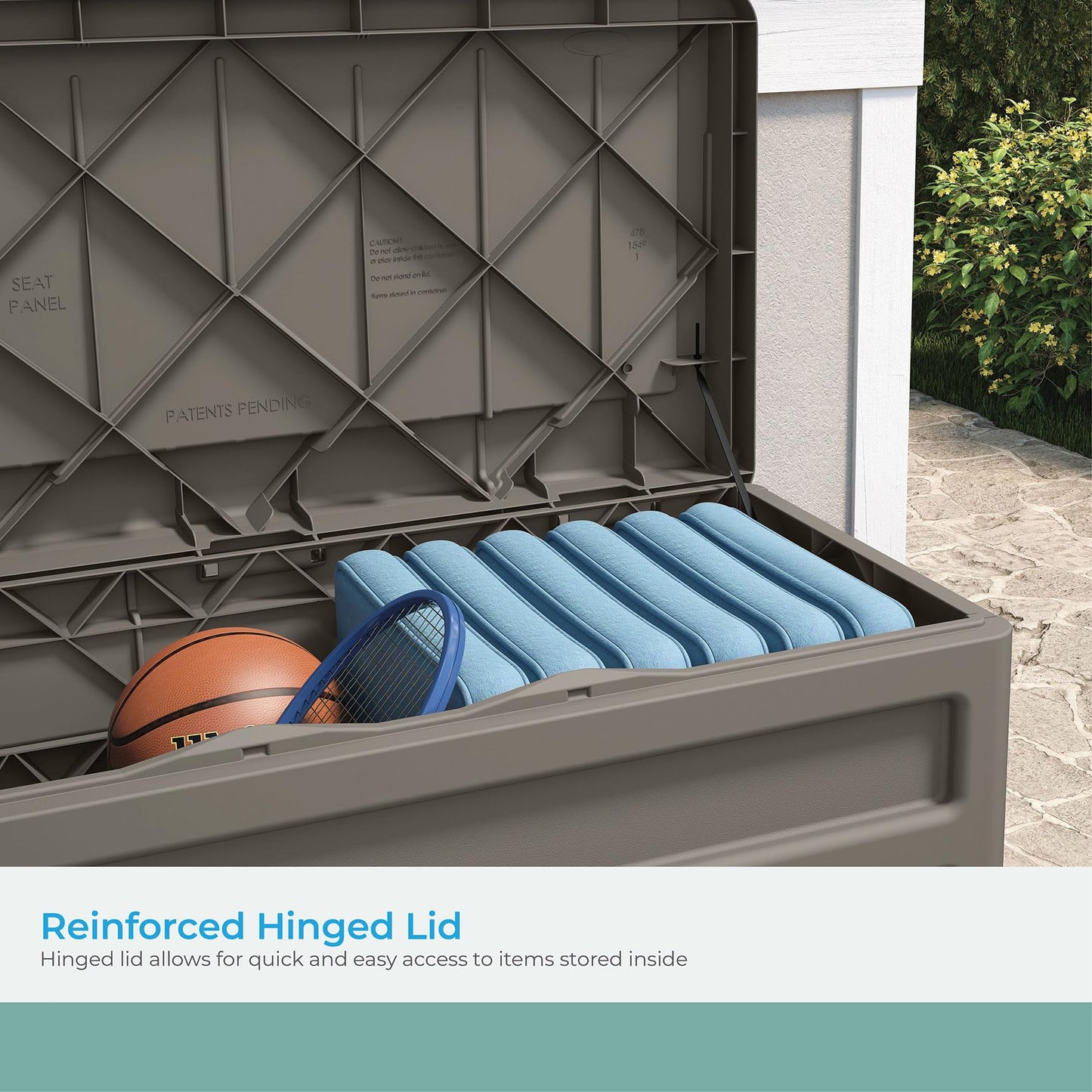 Suncast Outdoor Storage Box - 73 Gallon Stoney Resin Deck Box with Wheels, Handles, and Seat, Heavy-Duty Indoor/Outdoor Storage Bench for Patio Cushions, Shoes, Pool & Garden Gear