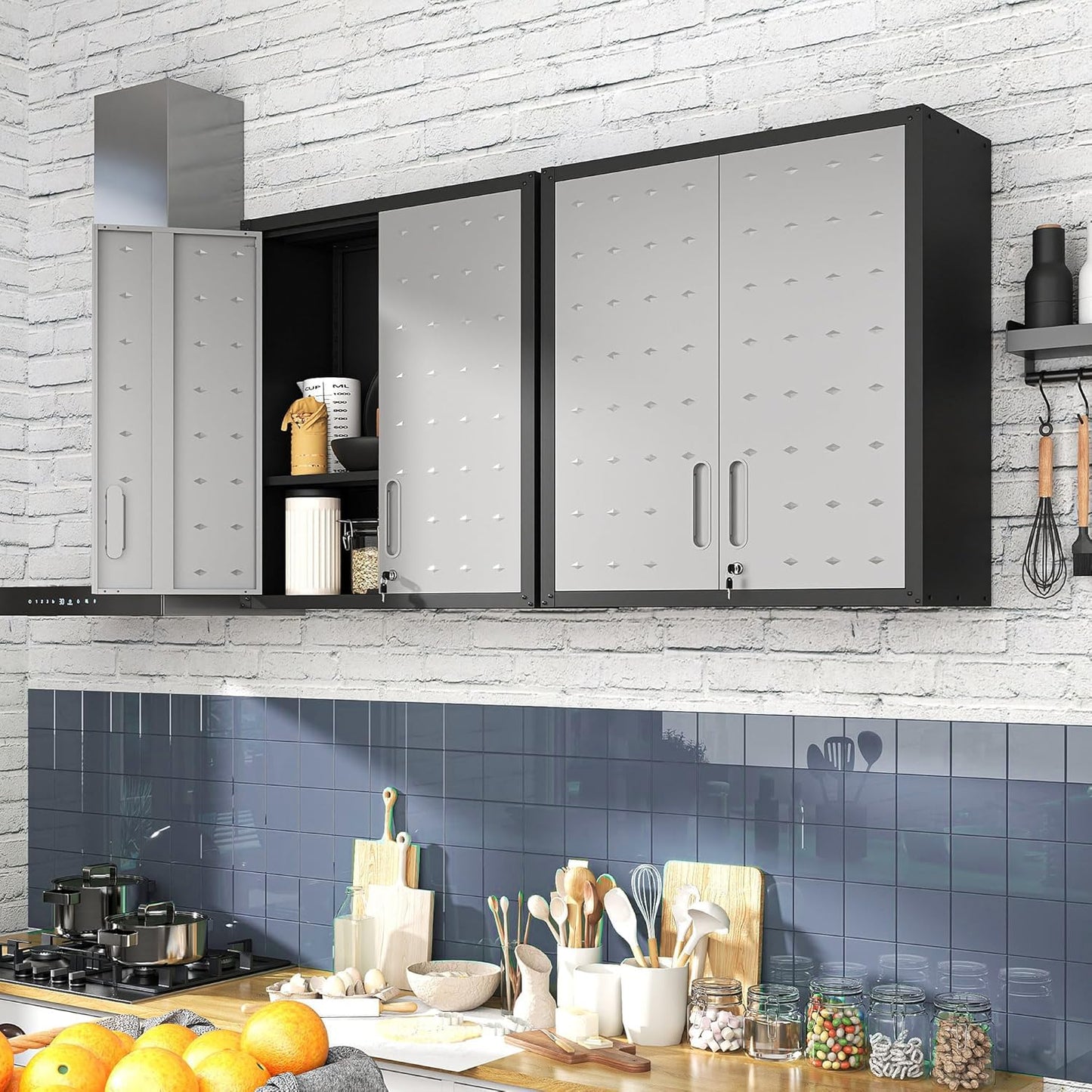 EKJ Metal Garage Wall Cabinet with Lock, Wall Mounted Metal Storage Cabinets with Doors and Shelf, Lockable Floating Tool Storage for Garage Basement Utility Room