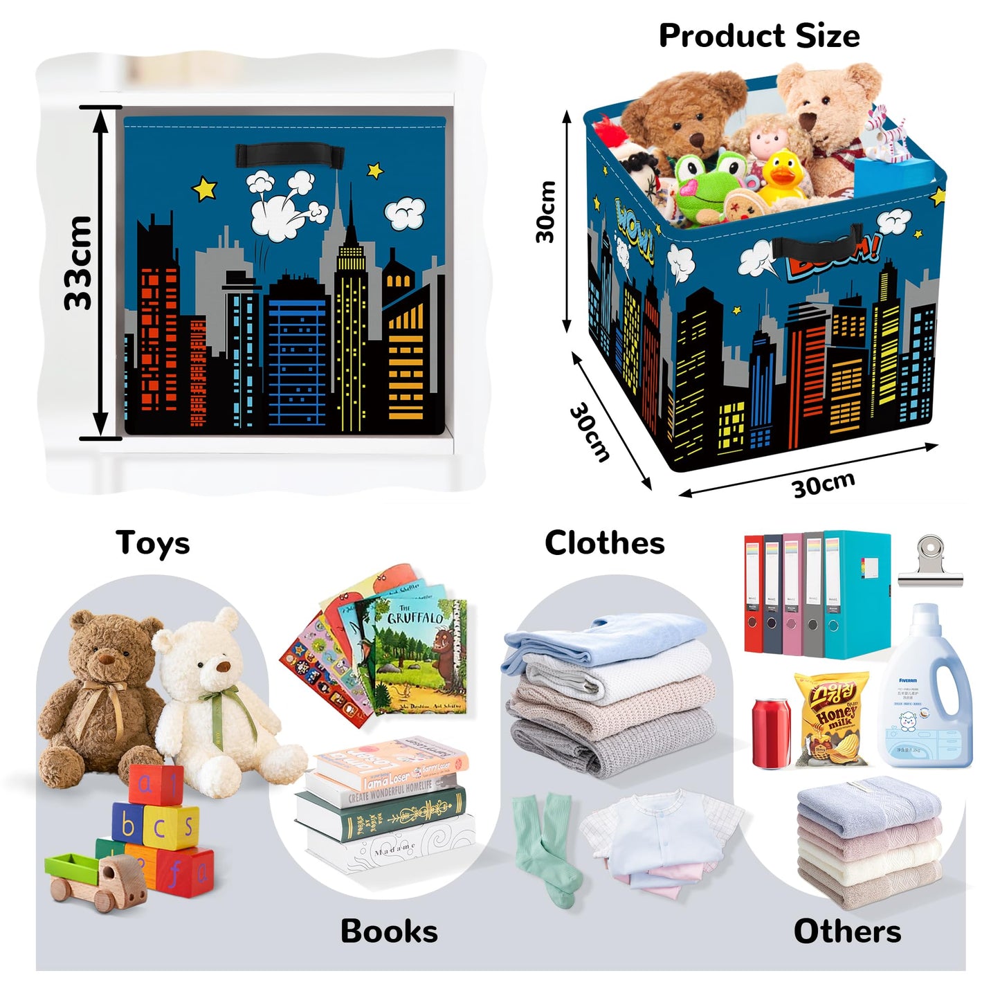 Clastyle Cityscape Hero Kid Storage Cube Organizer Set Skyline Building Silhouette Closet Clothes Cube Storage Bin Nursery Toddler Toy Box Chest Girl Boy Book Shelf Basket,Comic,11.8x11.8x11.8 in