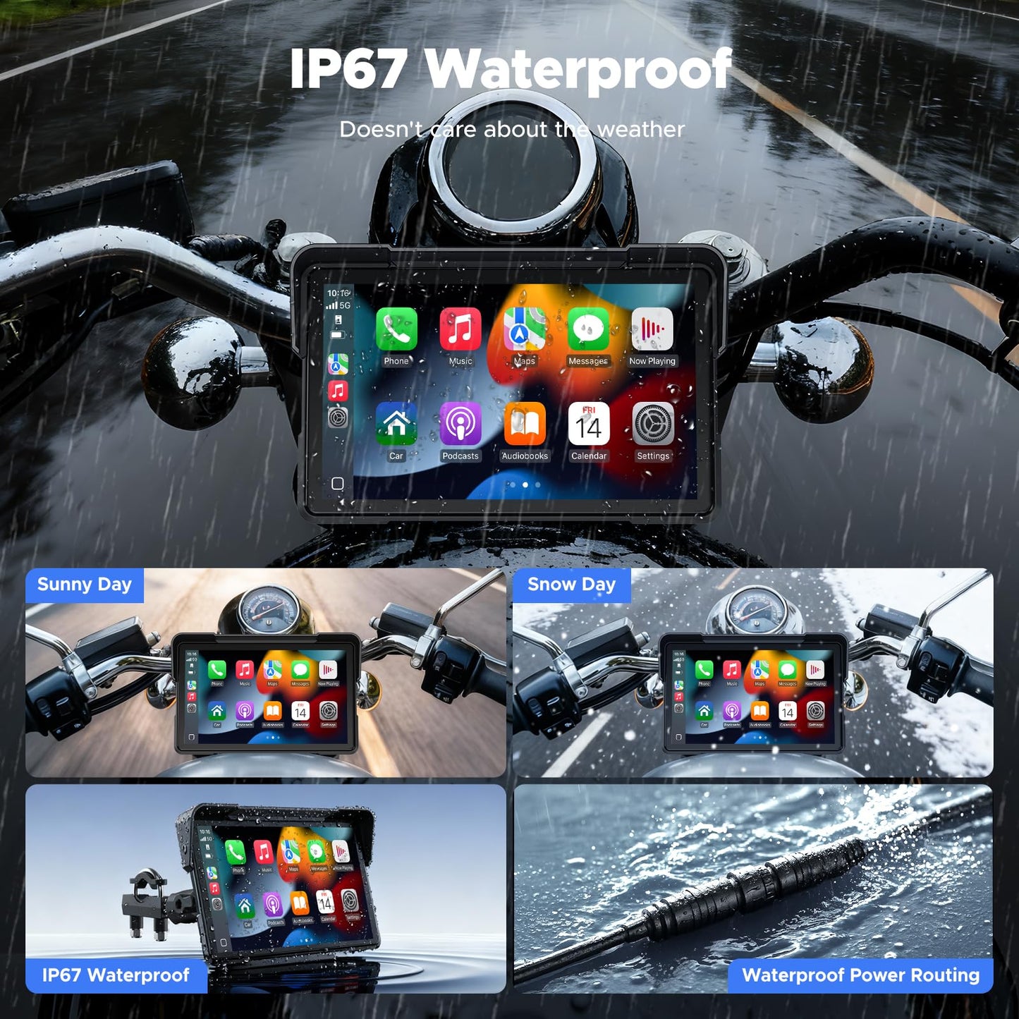 VOLAM 7" Wireless Motorcycle CarPlay Screen, IP67 Waterproof Touchscreen,GPS Navigation System,Anti-Glare for Daylight, Voice Control, Dual Bluetooth, Suitable for Harley, Kawasaki, Yamaha, etc.