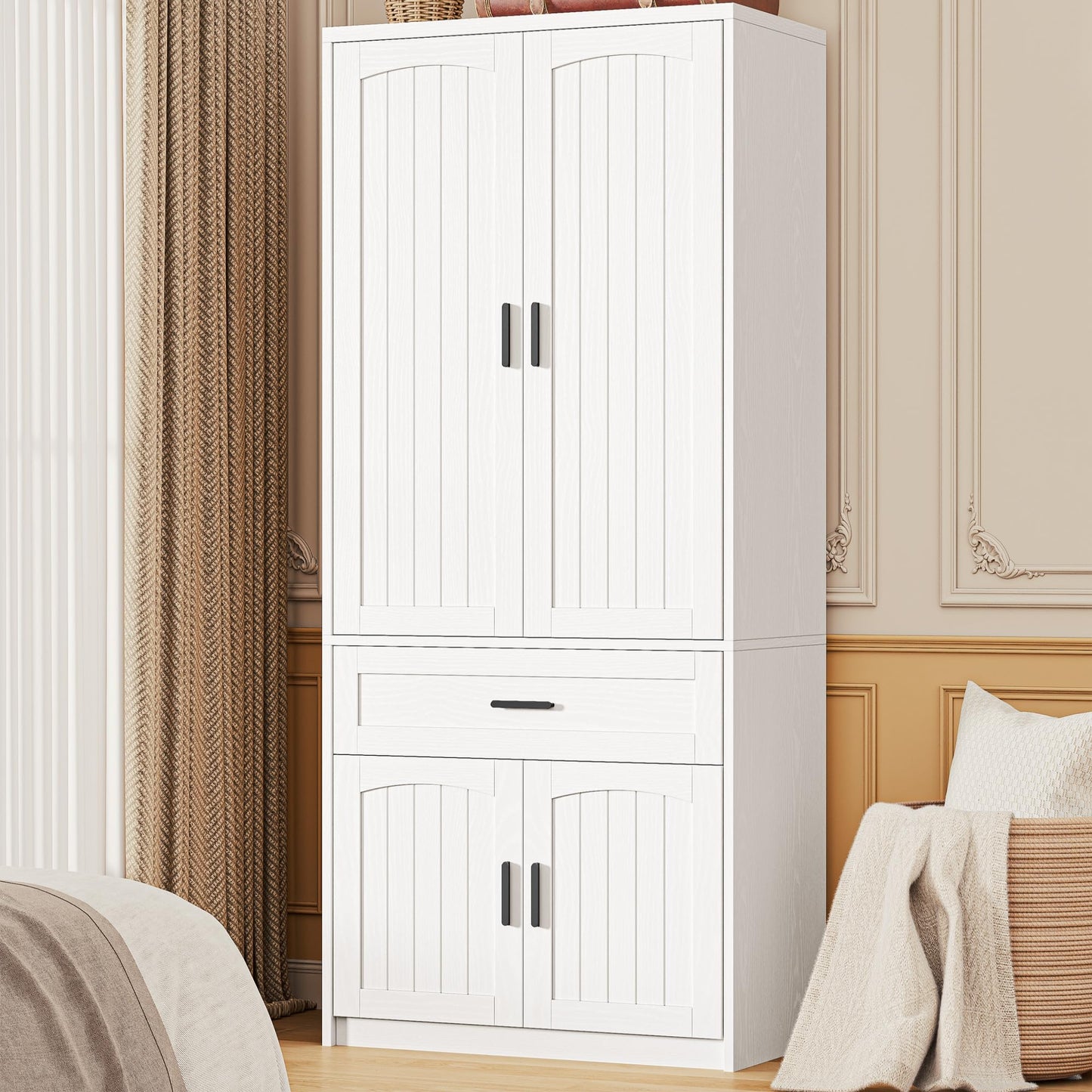 LIKIMIO 77" Tall Armoire Wardrobe Closet, Wooden Wardrobe with 4-Door and Drawer, White Clothes Storage Cabinet with Hanging Rod and Adjustable Shelves for Bedroom