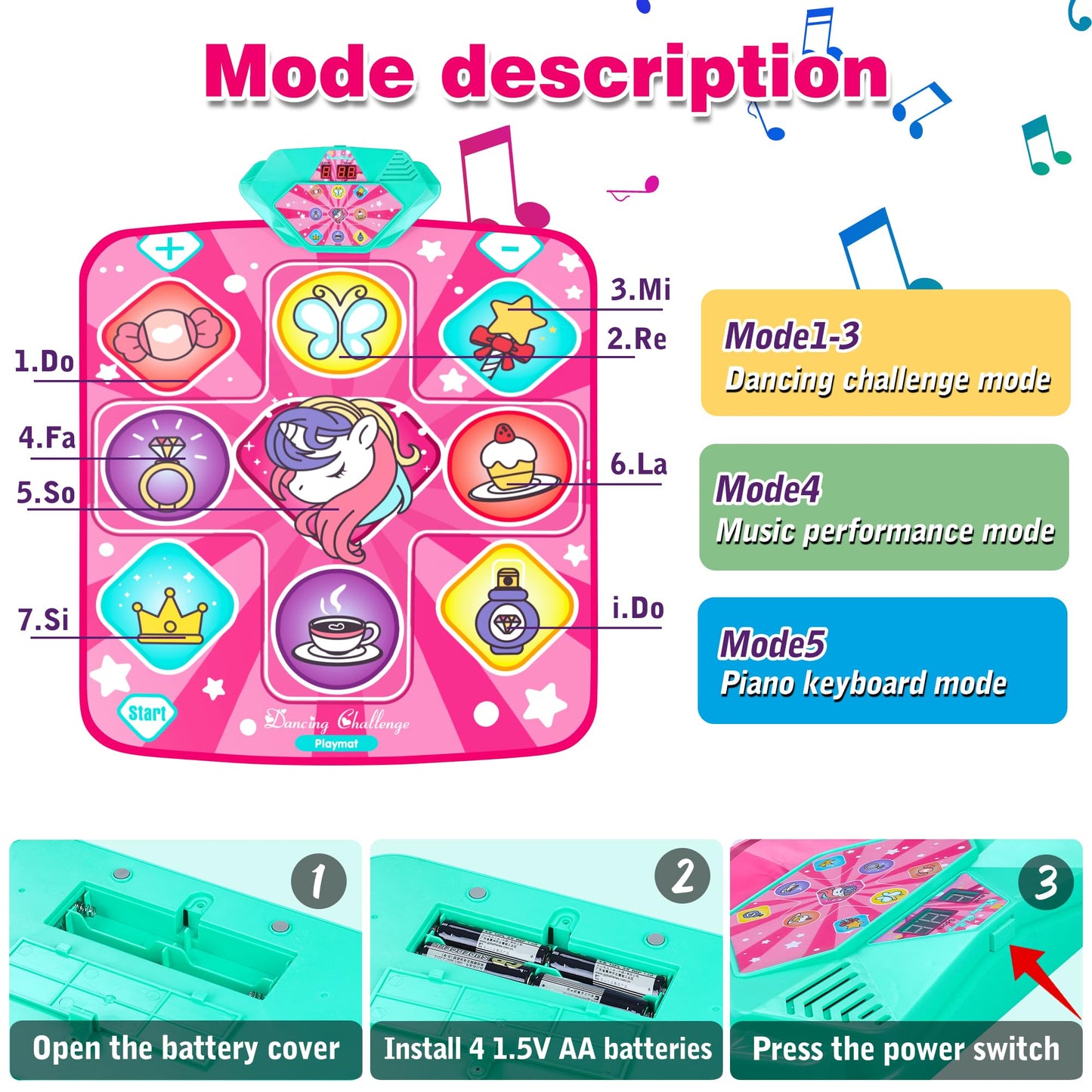 Kusntin Dance Mat, Dance Mixer Rhythm Step Play Mat, Pink Dance Pad with LED Lights, Adjustable Volume, Built-in Music, 5 Game Modes, Xmas Birthday Gifts for 3-10 Years Girls Toys (Multicolor)