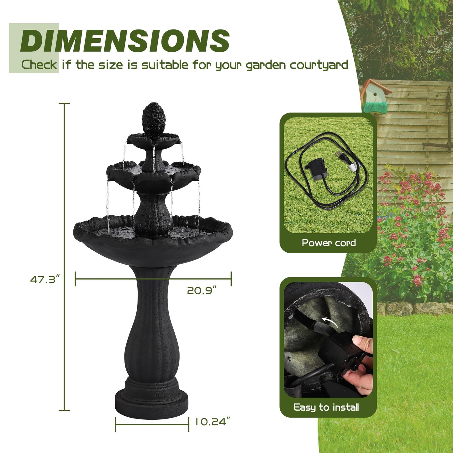 Dephet Italian Outdoor Water Fountains, 47.4'H Outside Garden Fountains and Waterfalls, Large Floor-Standing Cascading Indoor Resin Bubbler Fountain Features w/Pump for Patio Yard Decor, Black