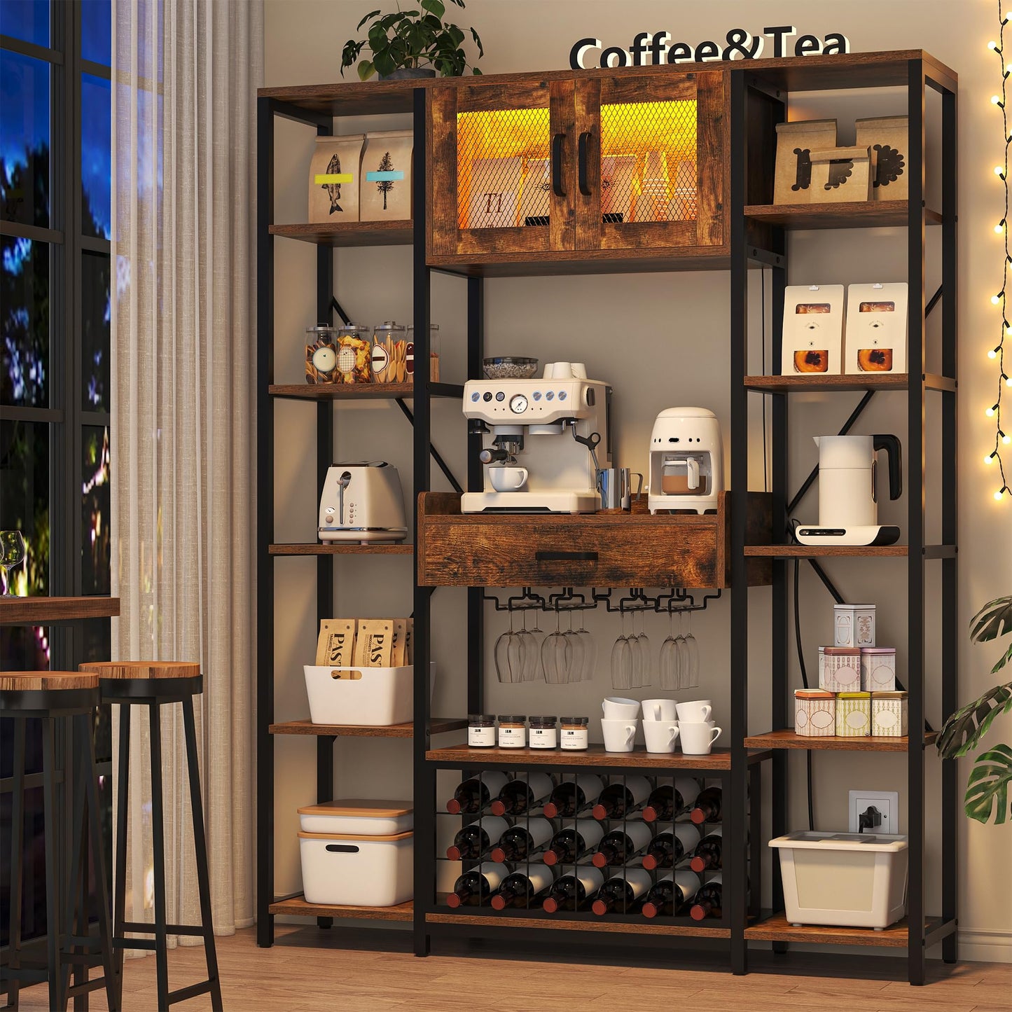 Semoic Wine Bar Cabinet with LED Lights, 65.35'' Tall Industry Coffee Bar Cabinet with Drawer and Power Outlets, Kitchen Microwave Stand Bakers Rack Cabinet for Liquor and Goblet, Black (Brown)
