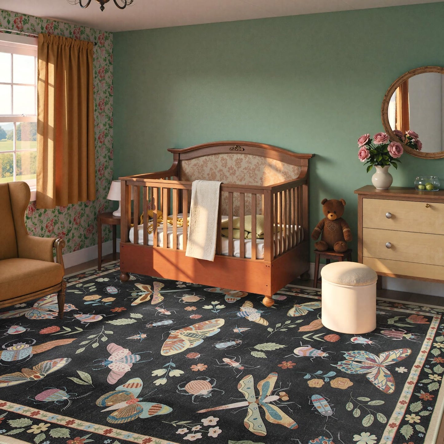 Beeiva Insect Print Rug 8x10, Washable Throw Rugs for Bedroom Under Bed, Boho Non Slip Low Pile Ultra Thin Foldable Large Carpet for Kids Room Playroom Living Room Decor(Black,8x10ft)