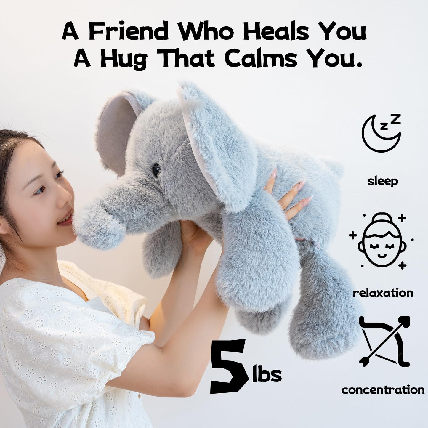 Gudisi 5 Pounds Weighted Elephant Stuffed Animals 23.6Inch Large Weighted Elephant Plush,Huggable Companion for Kids & Adults, Gift for Thanksgiving, Christmas and Birthday.