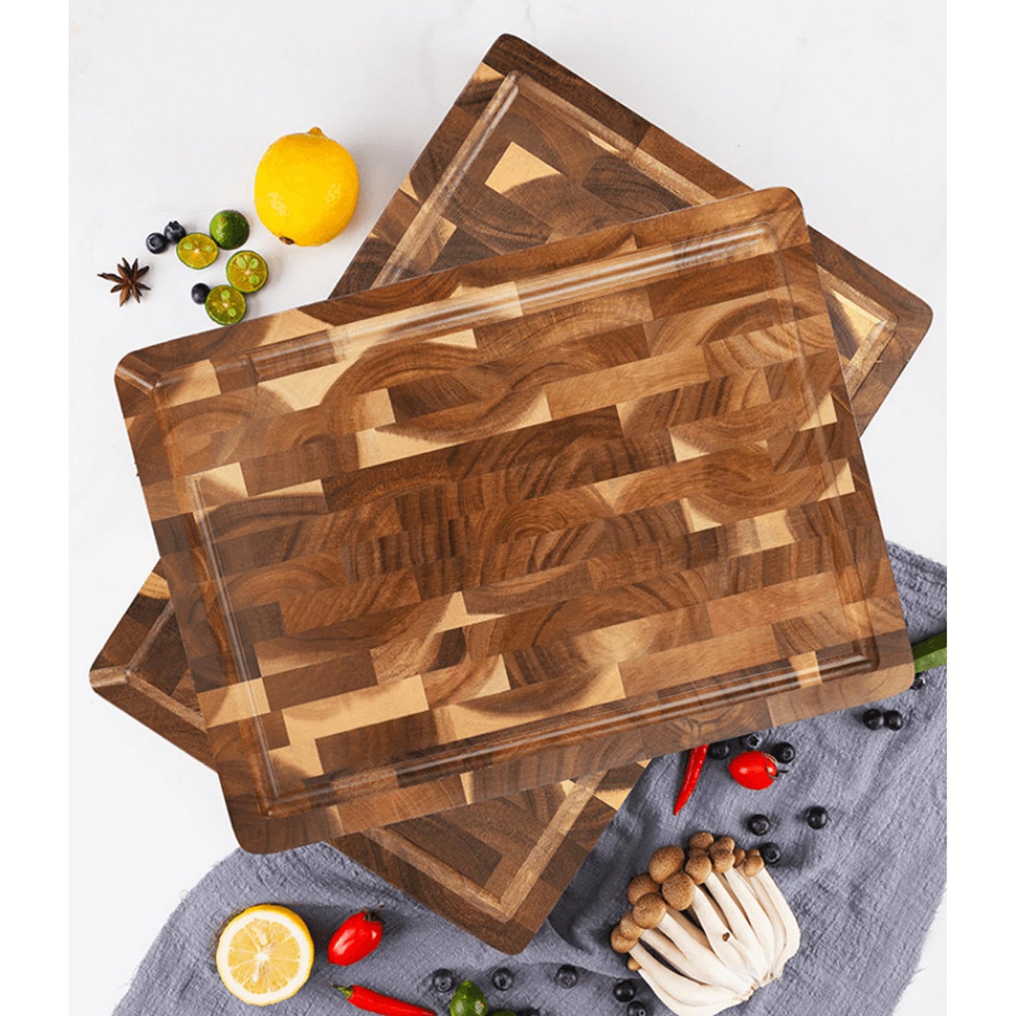 Seido Knives Gourmet Acacia End-Grain Cutting Board - 18" x 12" x 1.4" - Made From Acacia Wood Durable Withstand Heavy Duty Chopping Board Self-Healing Property Rubber Feet Juice Groove