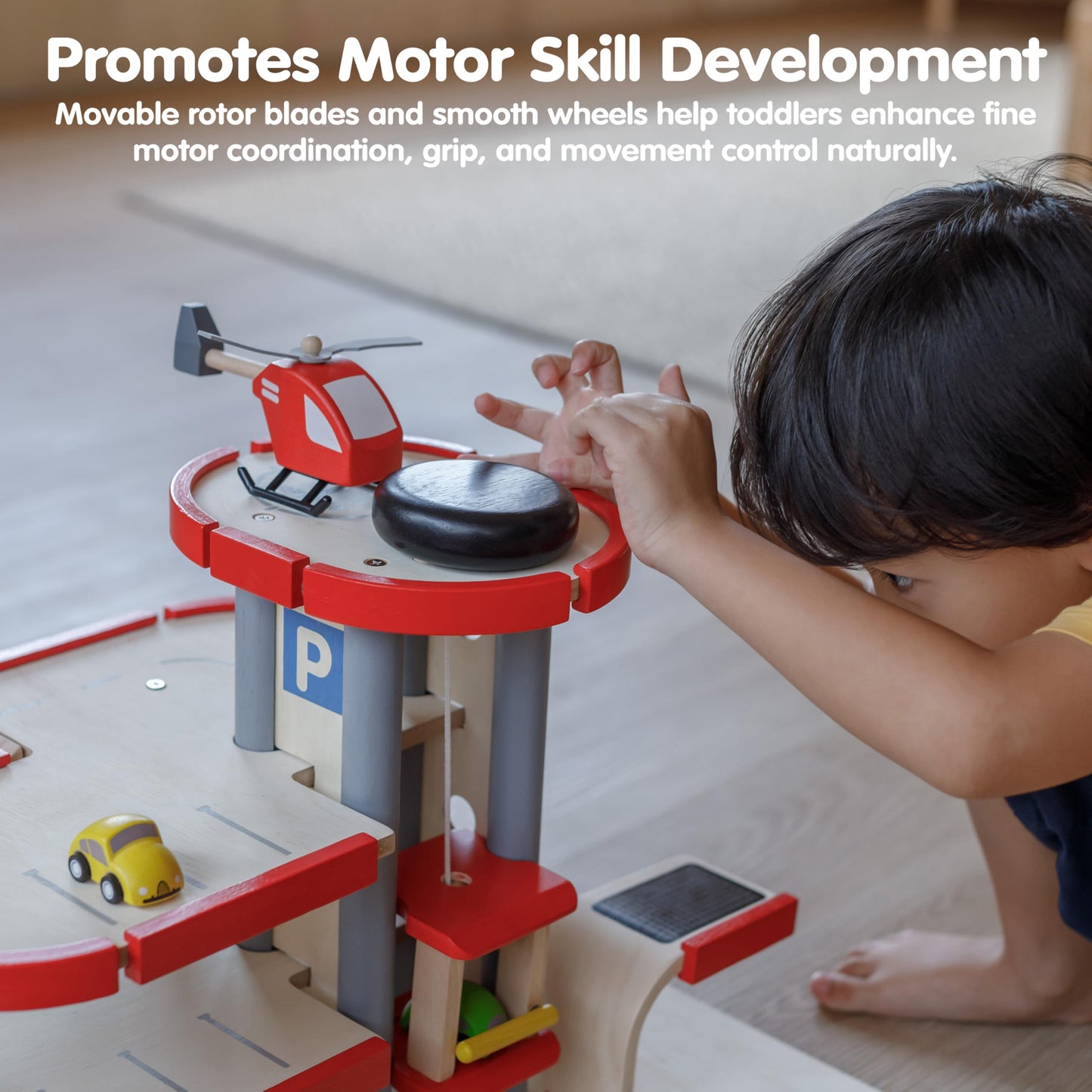 PlanToys® Wooden Helicopter Toy | Montessori Imaginative Play, Cause and Effect and Fine Motor Skill Development Activity | Eco Friendly Toy for Indoor and Outdoor Play