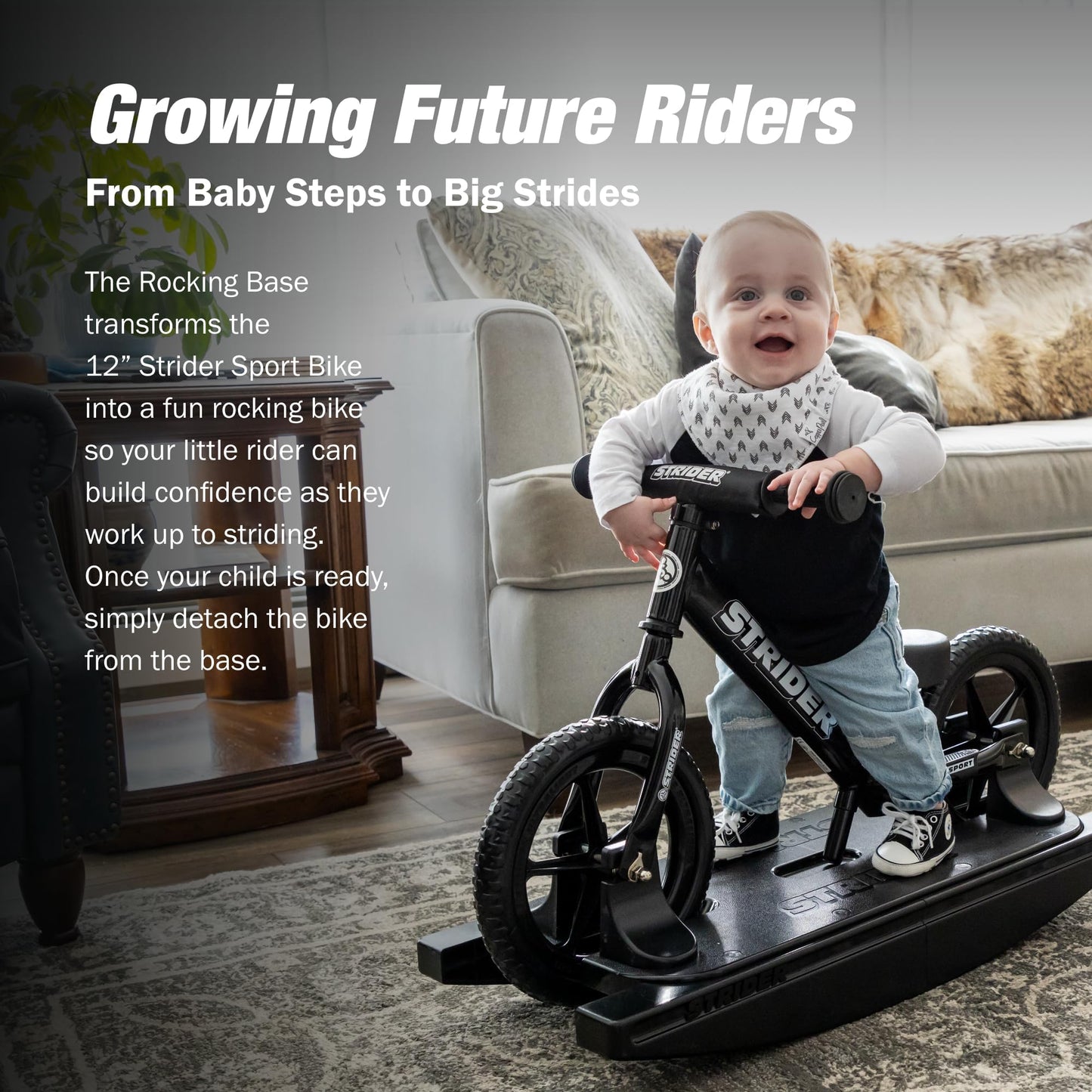 Strider Sport 2-in-1 Rocking Bike Black - Helps Teach Baby How to Ride a Balance Bicycle - for Kids 6 Months to 4 Years - Easy Assembly & Adjustments