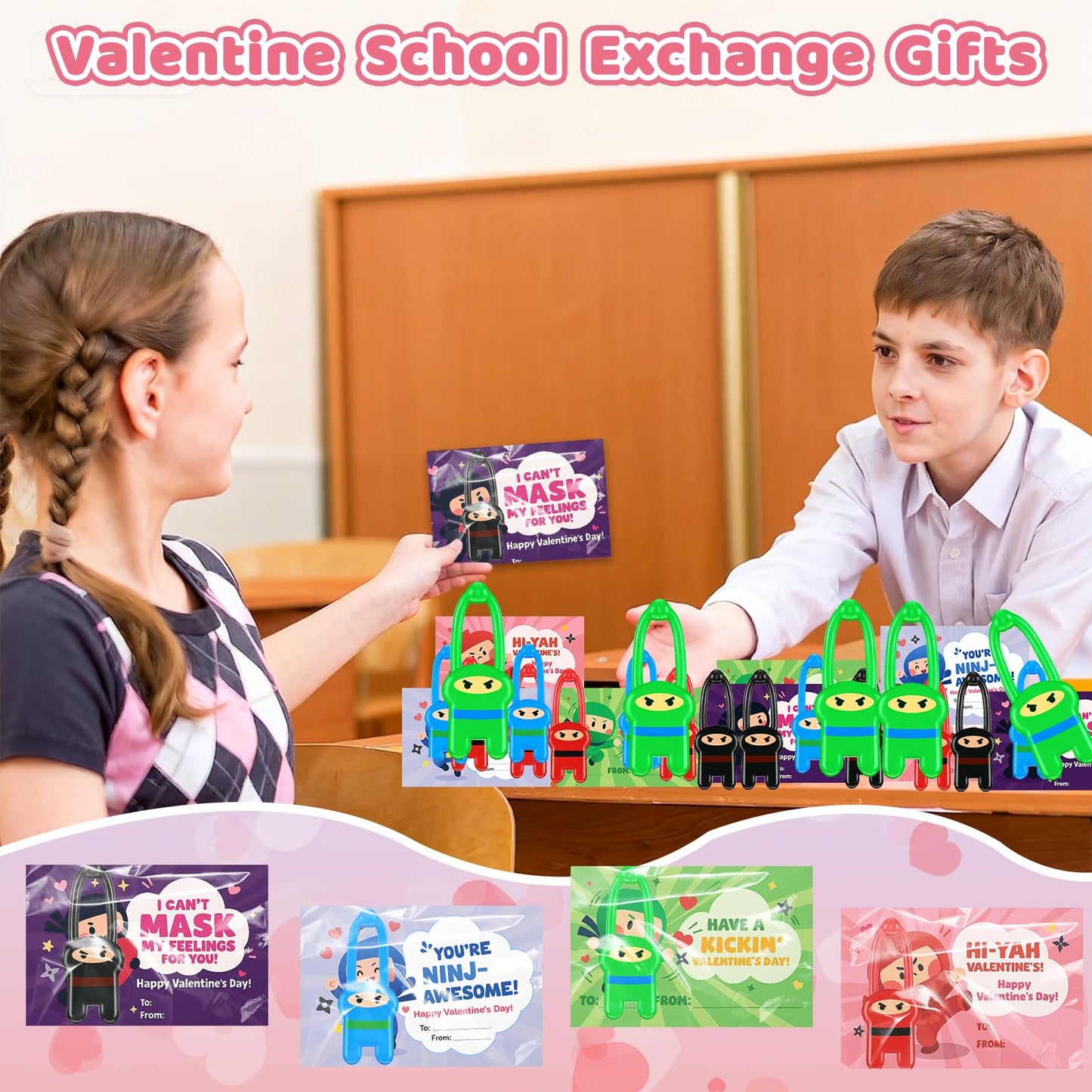 HFZCZW Valentines Day Cards for Kids,24 Pack Ninja Sticky Stress Relief Tricky Toys with Valentines Flying Elastic Slingshot Ninja Toys,Valentine Exchange Gift for Kids Girls
