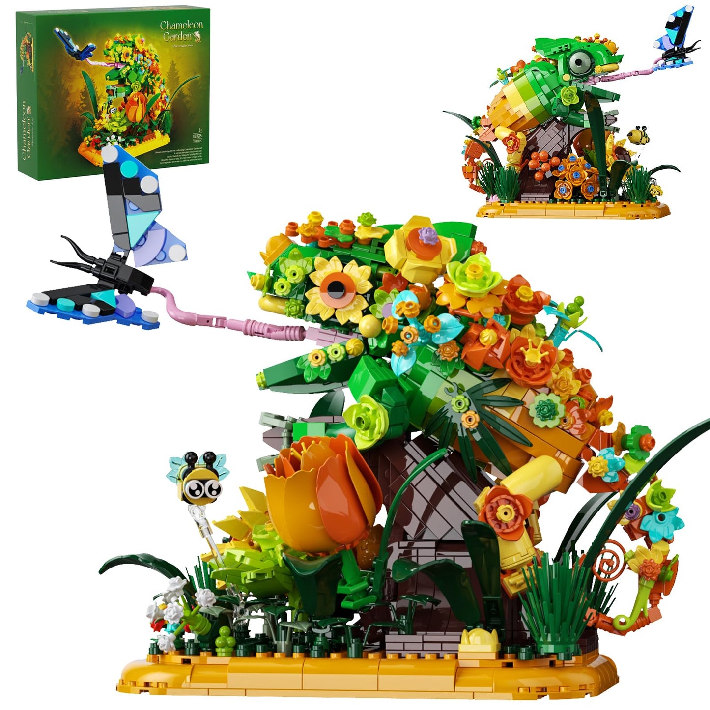 Chameleon Garden Bonsai Building Set, 1092PCS Nature Inspired MOC Flowers & Insects STEM Kit Compatible with Lego Animal, Stunning Desk Decor for Home/Office, Building Blocks for Kids Adults Aged 12+