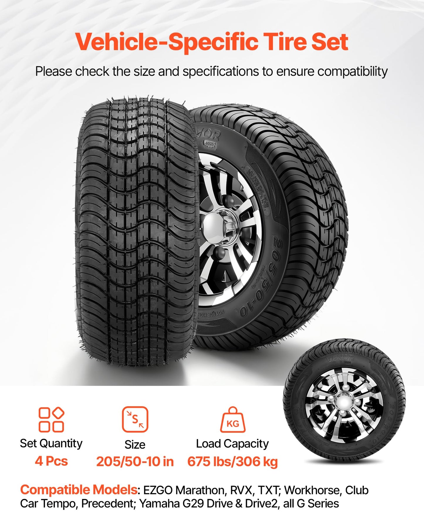 VEVOR Golf Cart Wheels, 10" 205/50-10 Black Aluminum Alloy Golf Cart Tires and Wheels Combo (Set of 4) Fit Club Car, EZGO, Yamaha, 4 Ply Rubber 4-Lug Lawn Mower Tires & Rims, 675 lbs Load, All-Terrain