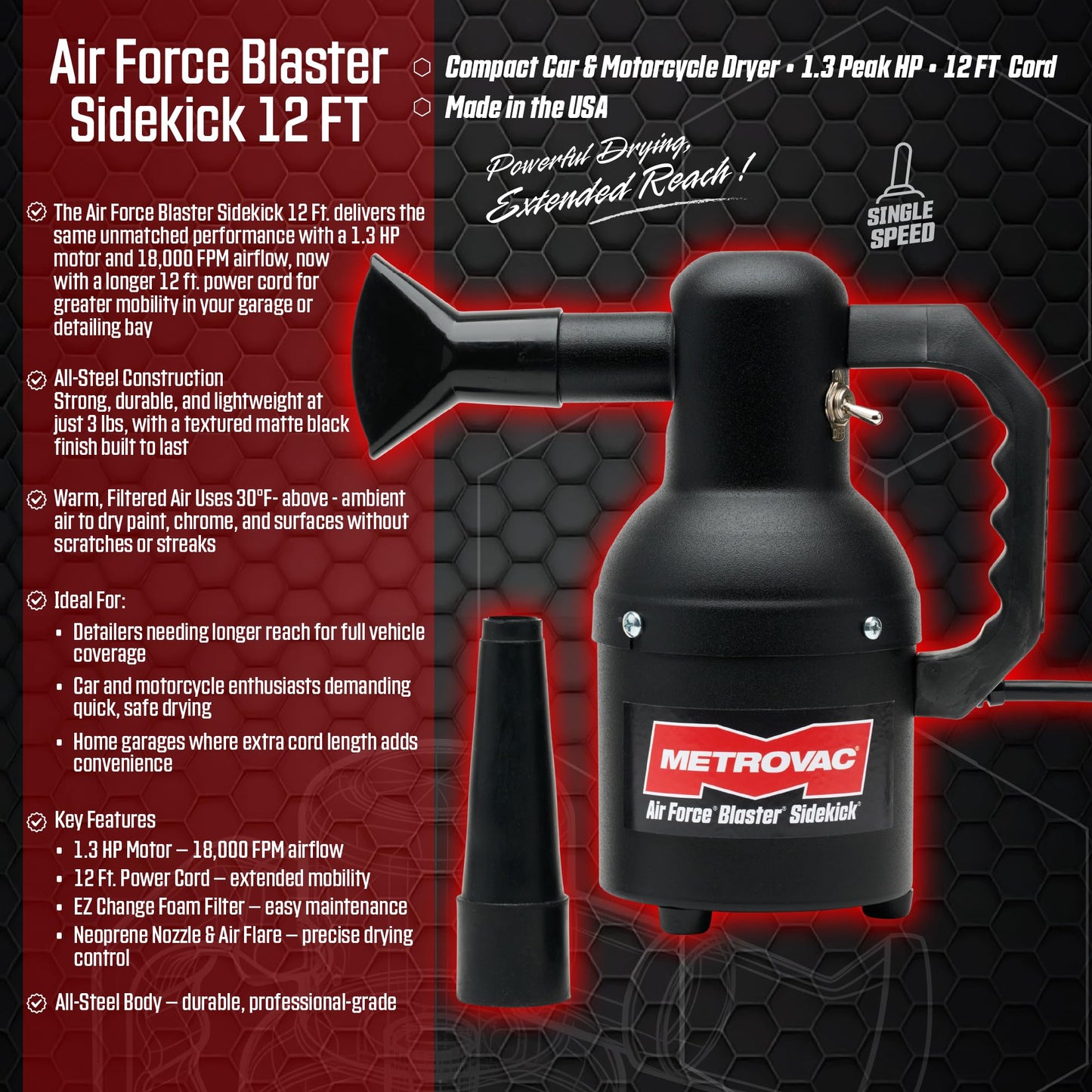 Metrovac Sidekick SK-1 Motorcycle Dryer and Air Force Blaster Sidekick with 12 Foot Cord and Matte Finish for Profesional Motorcycle Detailing, Made in the USA