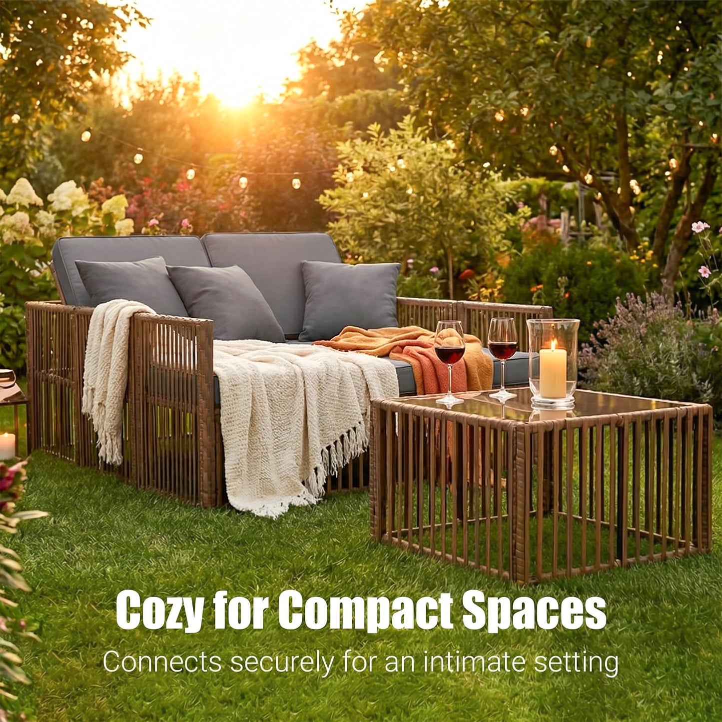 7-Piece Outdoor Patio Furniture Set, Modern PE Rattan Sectional Sofa with Adjustable Chaise Lounge & Glass Table, Modular All-Weather Wicker Conversation Set for Backyard Poolside Porch (Brown-Gray)