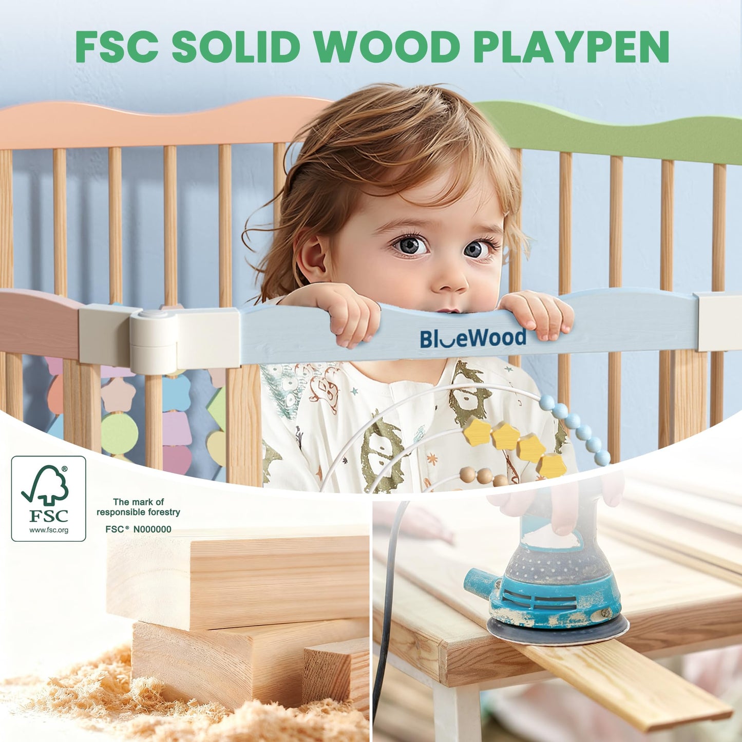 Foldable Wooden Baby Playpen - Adjustable Wood Play Yard, Indoor Large Safety Fence for Babies and Toddlers - No Door Design, 45 x 45 x 24 inches, Pastel Dream