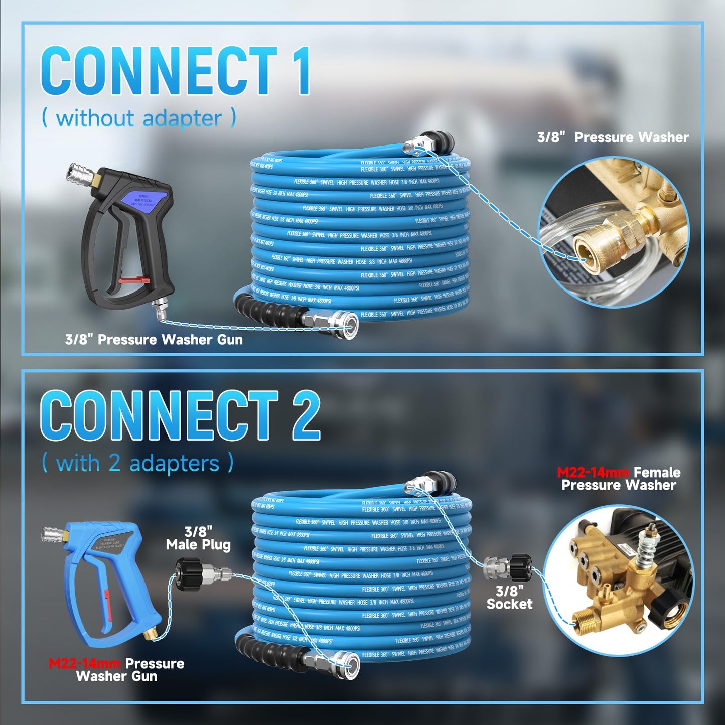 TUTULUCK 3/8" Pressure Washer Hose 100ft – 4800 PSI Commercial-Grade Steel Braided Heavy Duty Power Washer Hose for Hot & Cold Water, with 2 M22 14mm Adapters