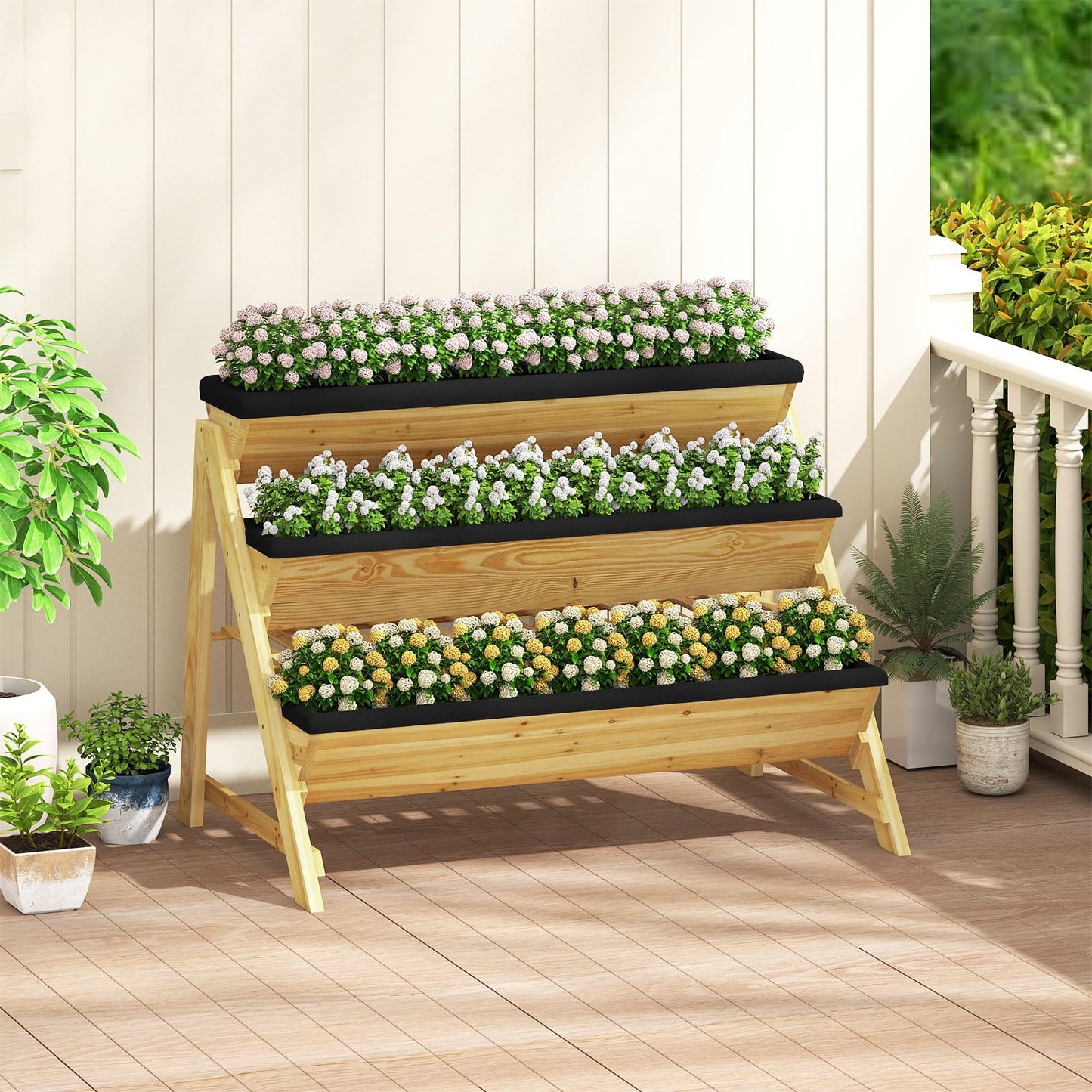 HOMGX 3-Tier Vertical Garden Bed, Wooden Tiered Planter Raised Bed with Legs & Storage Shelf for Flowers Herbs Vegetables, Freestanding Outdoor Plant Box Stand for Patio, Balcony