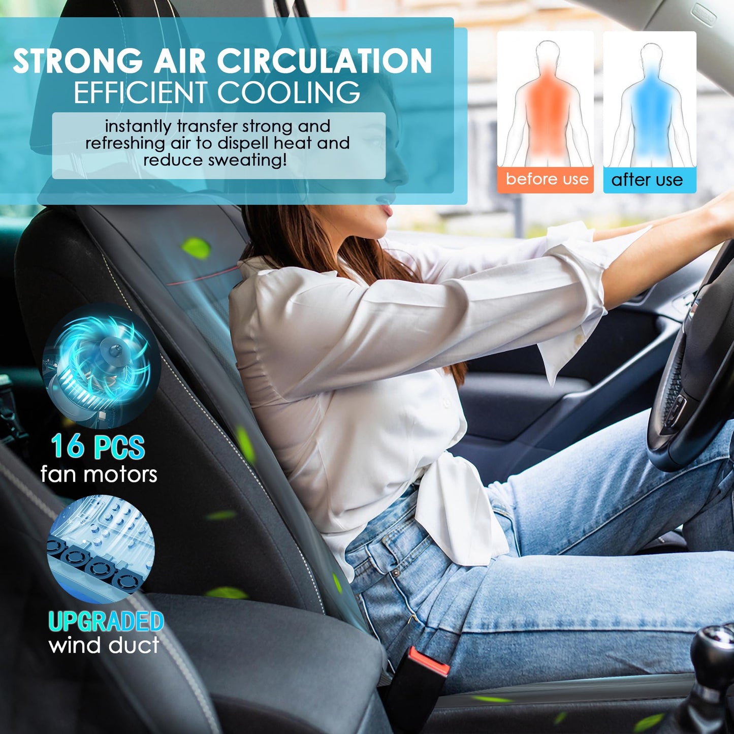 Fochutech 12V Summer Cooling Car Seat Cover with Massage Adjustable Temperature Warm Cooling Car Seat Cushion Ventilated 16 Fans Cooling Seat Cover for Car Front Seat Cooler for Vehicle SUV (Beige)