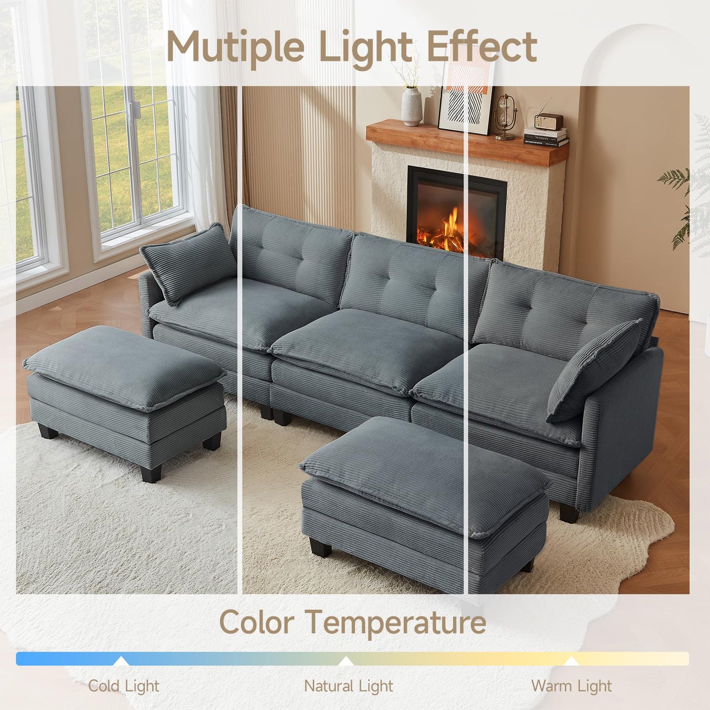 Amsleekey Modular Sectional Sofa, 111.5" U-Shaped Corduroy Comfy Sectional Couches for Living Room, 3-Seater Cloud Couches with 2 Movable Ottomans, Flexible Combination Modern Deep Seat Sofa (Grey)