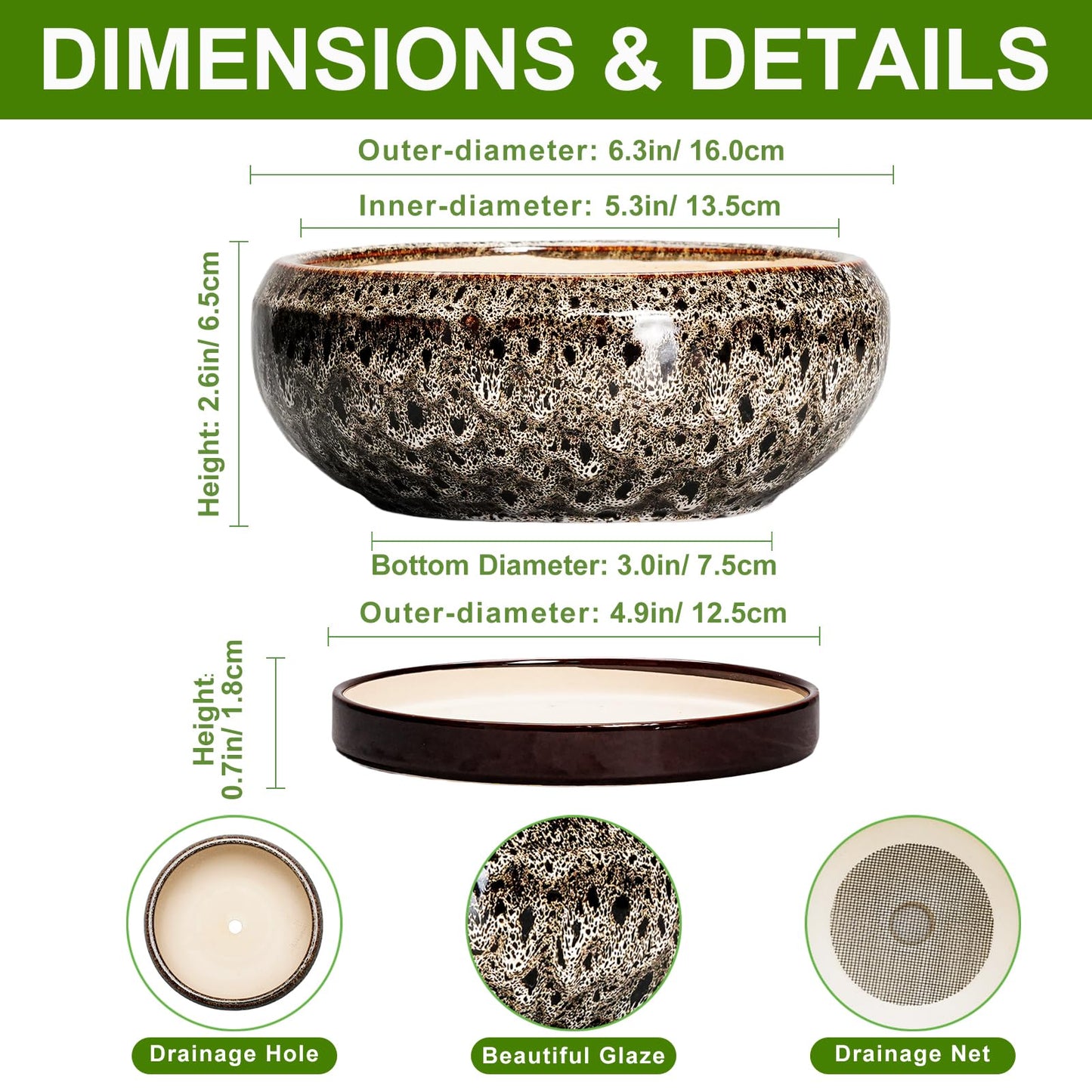 EPFamily Succulent Planter 6 Inch - Ceramic Bonsai Pots with Drainage Hole and Tray, Shallow Plant Pot Indoor Outdoor, Cactus Succulent Pot, Round Bonsai Planter, Home Decor, Plant Lover Gift, White