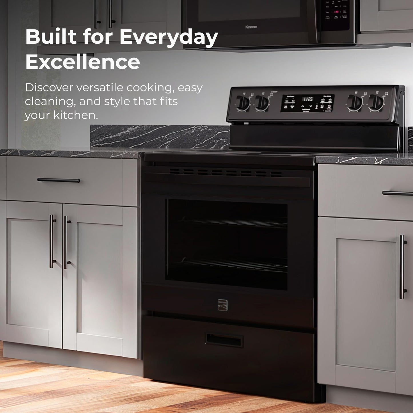 Kenmore 5.2 cu ft. Rear Control Electric Range - 4 Cooktop Elements - Steam Clean Oven & Hidden Bake for Easy Cleaning - Ultra-Durable Chrome Racks & Storage Drawer - Black