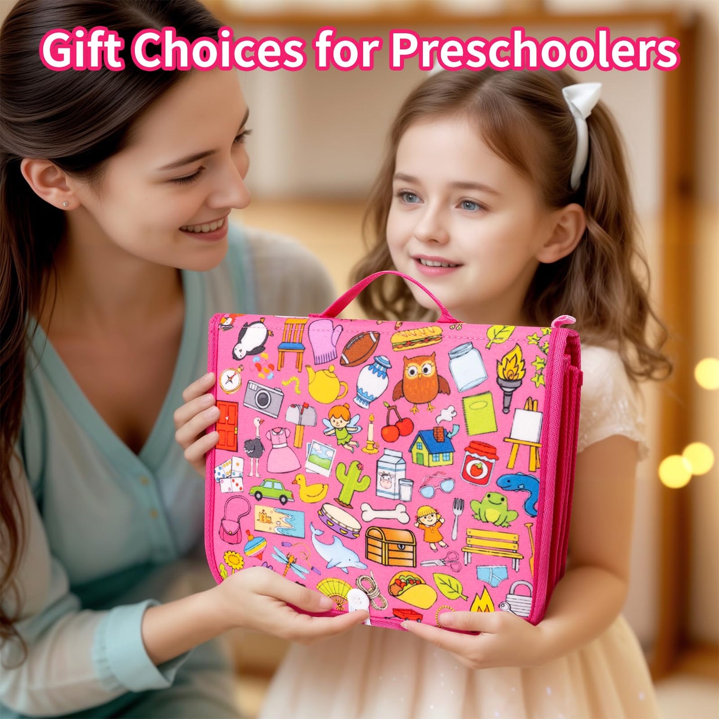 Toddler Busy Board, Montessori Busy Book for Toddlers, 12-Page Quiet Educational Activity Book, Learning Sensory Toys for Motor Skills, Travel Toy for Car Airplane, Girl Kids Birthday Gifts (Pink)